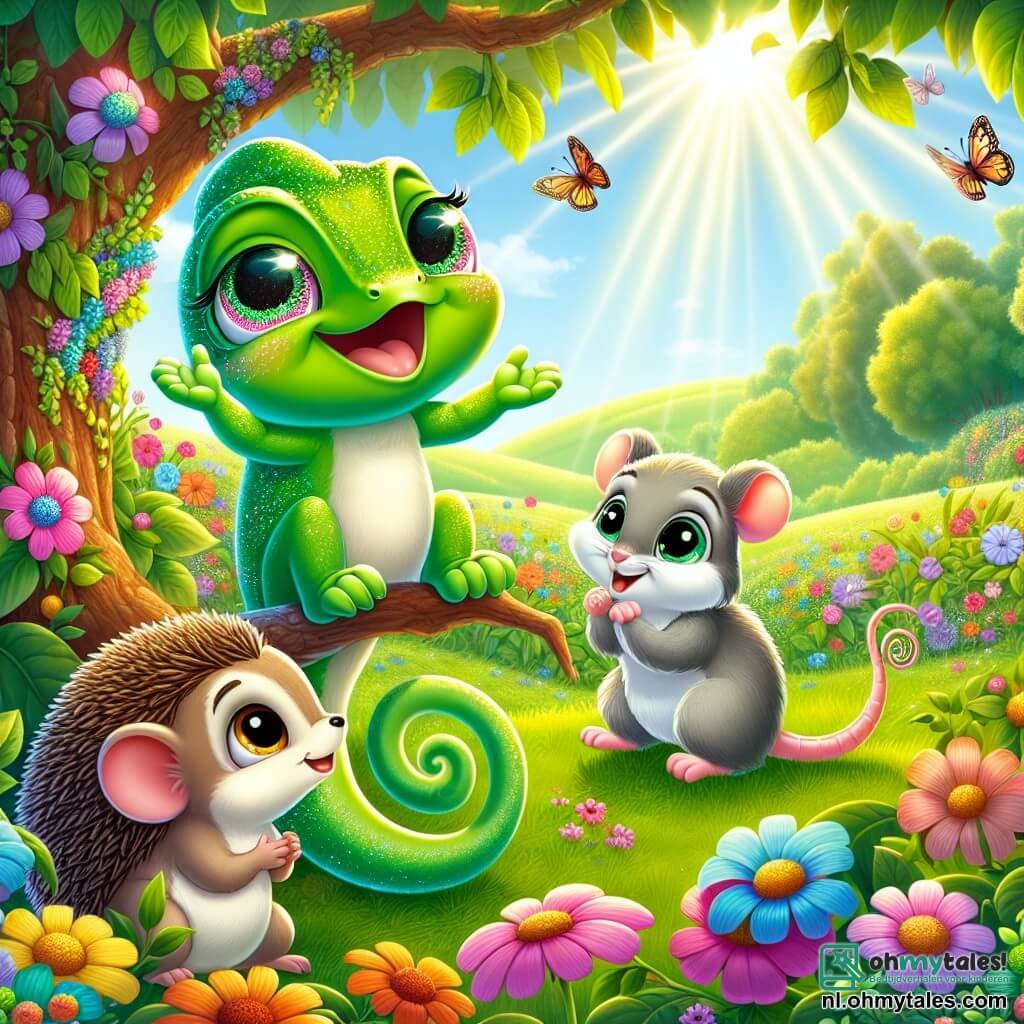 In het midden van de afbeelding staat Kiki, een kleine groene kameleon met sprankelende ogen, die vreugde en enthousiasme uitstraalt. Ze zit op een tak, omringd door kleurrijke bloemen, en glimlacht breed terwijl ze haar armen omhoog steekt om haar vrienden te verwelkomen. Naast haar kijkt een kleine, nieuwsgierige egel met bruine stekels naar Kiki met bewondering, terwijl een schattige muis met lichtgrijs vacht en glanzende ogen enthousiast applaudisseert. Beiden zitten op het groene gras, omringd door kleurrijke bloemen. De scène speelt zich af in een zonnige open plek in een magisch bos, waar majestueuze bomen om hen heen staan, met bladeren die schitteren in het zonlicht. Kleurige vlinders fladderen rond en voegen een vleugje magie toe aan de sfeer. De hoofdsetting toont Kiki en haar vrienden die een grote voorstelling voorbereiden om hun verschillen te vieren en acceptatie te bevorderen, met stralende glimlachen op hun gezichten, wat vriendschap en diversiteit illustreert.