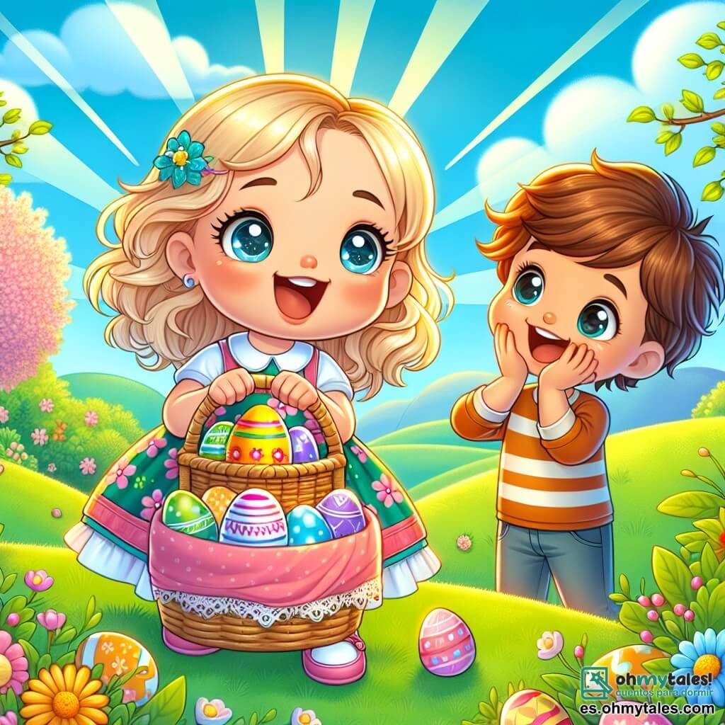 Una niña de 6 años, llamada Sofía, está en la cima de una colina verde, con los ojos brillantes de emoción y una gran sonrisa en su rostro. Lleva un vestido colorido con flores y sostiene una bonita cesta de mimbre llena de huevos de Pascua de colores. A su lado, su mejor amigo Lucas, un niño de 6 años con cabello castaño y ojos chispeantes, la anima levantando los brazos, igual de entusiasmado. Más lejos, María, una niña de 6 años con cabello rubio y trenzas, mira con asombro el huevo dorado que Sofía acaba de descubrir, con las manos en las mejillas. El escenario es un parque soleado, con árboles en flor, flores coloridas y un cielo azul brillante. Los rayos de sol iluminan la escena, creando un ambiente alegre y festivo. La situación principal muestra a Sofía descubriendo un brillante huevo dorado escondido bajo un arbusto, rodeada de sus amigos, todos ansiosos por compartir este maravilloso hallazgo durante la búsqueda de huevos de Pascua.