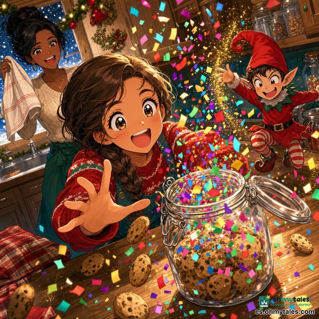 Niña de 10 años, rostro redondo, ojos grandes y brillantes, cabello castaño claro en trenza, expresión alegre y asombrada, ríe extendiendo la mano hacia un frasco de galletas que estalla en confeti multicolor; duende travieso de Navidad de unos 30 cm, piel clara, orejas puntiagudas, gorro rojo puntiagudo y ojos pícaros que salta dejando una estela de purpurina dorada junto al mostrador; mujer adulta (madre) de unos 35 años, pelo negro recogido, sonrisa indulgente, entra en la cocina con una toalla detrás de la niña a la izquierda; cocina cálida y festiva con encimera de madera barnizada, estantes con frascos de vidrio, luz suave de guirnaldas y copos de nieve en la ventana; situación principal: explosión lúdica de confeti multicolor desde los frascos, papeles en el aire y galletas intactas cayendo, atmósfera alegre y traviesa, movimiento dinámico, colores vivos (rojo, verde, oro, turquesa) y texturas detalladas (madera, vidrio, tela); plano dinámico ligeramente en picado y encuadre cerrado sobre la niña y el duende para captar la emoción; estilo manga con trazos nítidos, expresiones exageradas, ojos brillantes y acabado luminoso e infantil, sin texto ni logotipos.
