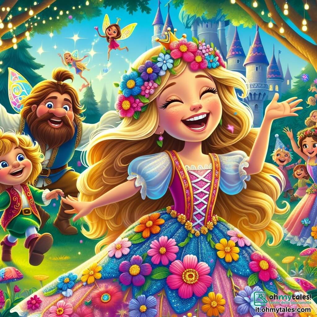 La principessa Livia, una ragazza di circa 10 anni, ha lunghi capelli dorati che brillano al sole e indossa un abito colorato decorato con fiori vivaci. Ride di gioia, con gli occhi scintillanti, mentre danza nel giardino del castello. Accanto a lei, Poppy, una piccola fata con ali blu vivaci, vola felicemente, sorridendo e indossando un vestito scintillante di petali di fiori. Più lontano, Gigi, un gigante amichevole con capelli arruffati e un grande naso, ride circondato da un gruppo di bambini e gnomi che danzano intorno a lui. Il giardino del castello è un luogo incantevole, pieno di fiori multicolori, grandi alberi e luci scintillanti che creano un'atmosfera magica. La scena principale mostra Livia e i suoi amici che celebrano una grande festa, ridendo e ballando insieme, mentre bolle di gioia fluttuano intorno a loro, simboleggiando la magia dell'amicizia e delle risate condivise.