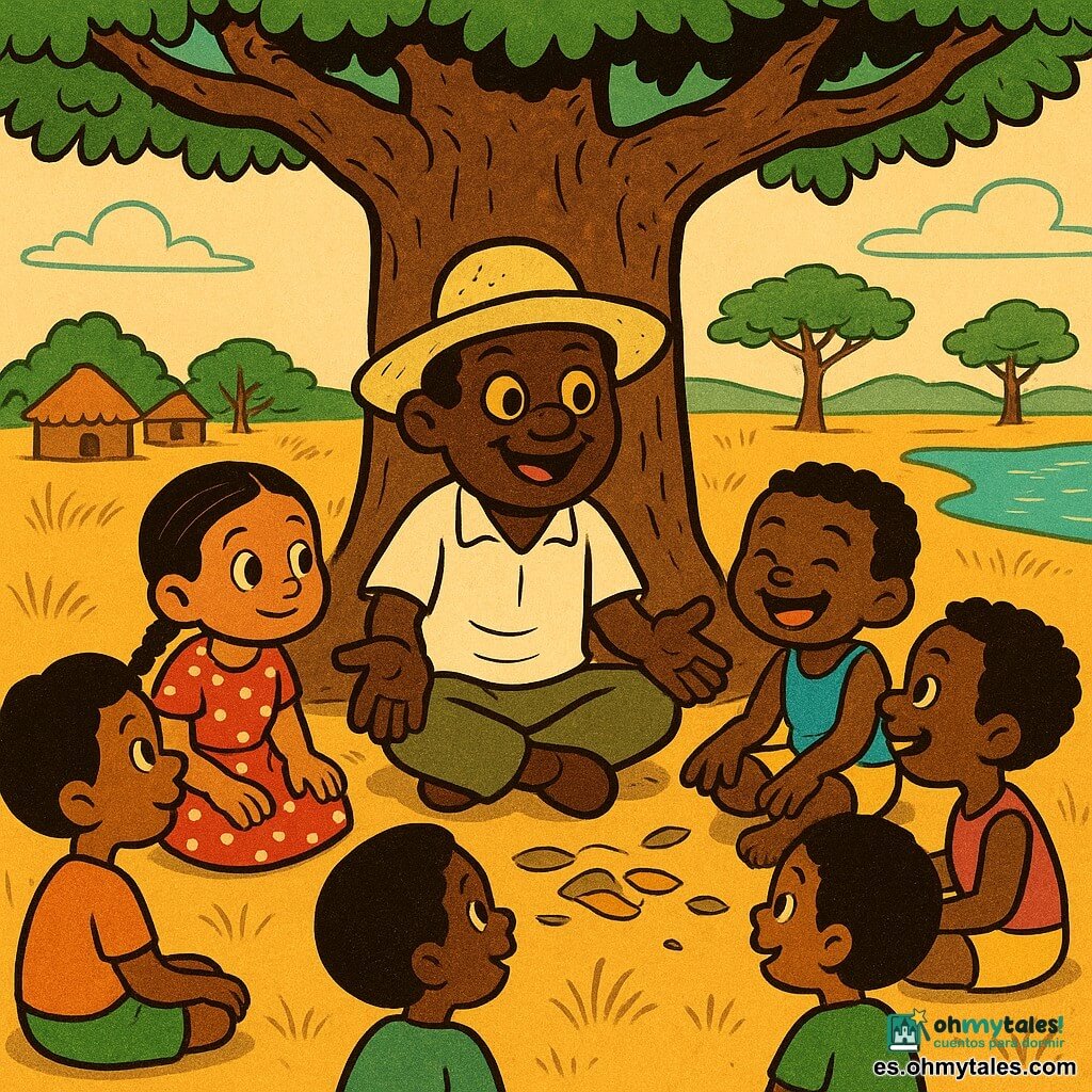 Un hombre llamado Sadio, rostro redondo y sonriente, piel marrón oscura con textura, ojos redondos color dorado, sombrero de paja beige, camisa blanca y pantalón kaki, sentado bajo un gran baobab contando una historia con gestos abiertos; a su izquierda una niña de unos 6 años de piel claro-marrón con trenzas y vestido rojo con lunares blancos, manos en las rodillas y mirada maravillada; a su derecha un niño de unos 5 años de piel más oscura, cabello rizado corto, camiseta azul y short amarillo, riendo y señalando hojas que caen; varios otros niños (4–7 años) sentados en círculo cerca y táctiles, ropa de colores vivos; paisaje de vasta sabana dorada con suelo polvoriento, baobab de tronco masivo y ramas gruesas, río brillante a la derecha, mango y acacia más lejos, pequeñas chozas de barro a la izquierda y hierbas altas ondeando; luz de mediodía con sombra fresca bajo el baobab y contrastes marcados, ambiente acogedor y tranquilo, composiciones redondeadas y líneas suaves al estilo rubber hose.