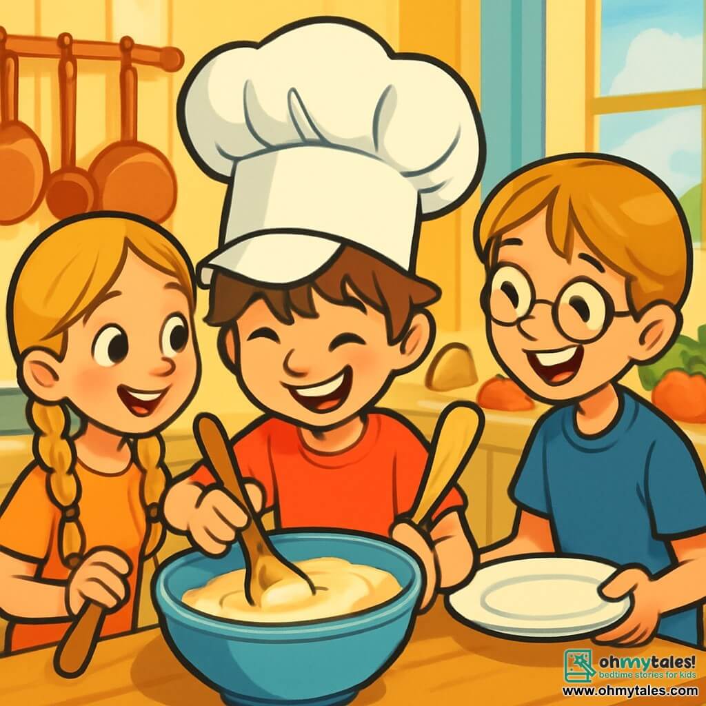 Max, a 10-year-old boy wearing a large chef's hat that falls over his eyes, smiles enthusiastically as he mixes pancake batter in a big bowl. His messy brown hair and rosy cheeks reflect his excitement. Next to him, Mia, a 9-year-old girl with blonde braids, watches with sparkling eyes, holding a wooden spatula, ready to help. Leo, an 11-year-old boy with glasses and brown hair, stands back, laughing at Max while holding an empty plate to catch the pancakes. The scene takes place in a warm, welcoming kitchen filled with shiny copper pots, colorful vegetables on the countertop, and a window letting in sunlight that brightens the pastel yellow walls. Max and his friends are preparing a large batch of pancakes for a party, full of energy and joy, as the batter rises in the bowl, promising a sweet delight.