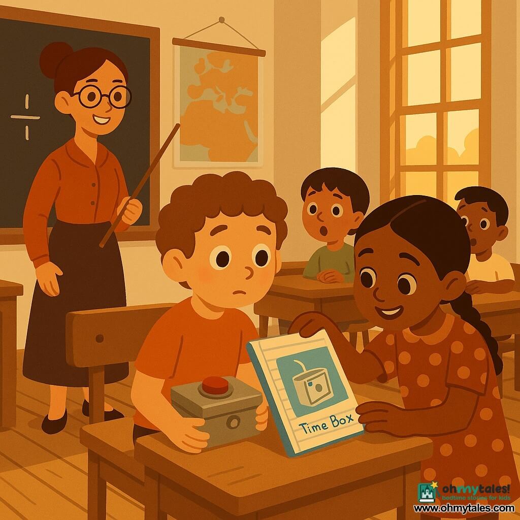 A 6-year-old boy, Max, surprised and curious with large bright eyes and curly brown hair, sits shyly at a wooden desk holding a small silver box with a big red button on his knees; a 6-year-old girl, Lucy, smiling and playful with braided brown hair in a simple polka-dot dress, stands beside him reaching toward the blue notebook showing a drawing of the “Time Box”; Miss Carter, about 35, kind with chestnut hair in a bun, wearing a long skirt and holding a pointer, stands slightly left in front of a blackboard and wall map; an old classroom with varnished wooden desks with inkwells, tall windows letting in golden light, a blackboard with white chalk, wooden floor and the suggested smell of chalk and old books; Max has just appeared after a time-travel, his expression a mix of surprise and wonder as other children watch, warm colors and soft contrasts, composition centered on Max and his box.