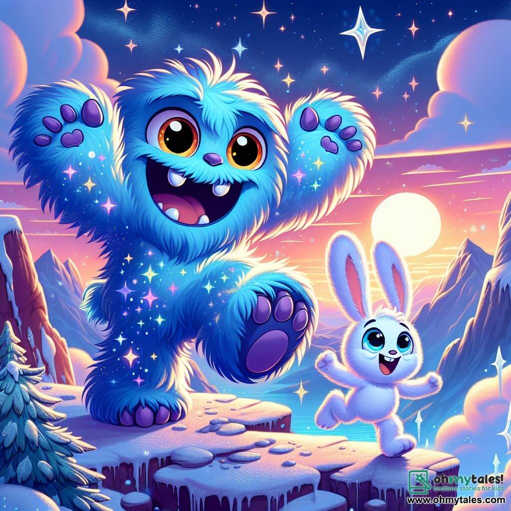 Moony, the gentle and friendly monster, is a large being with bright blue fur that sparkles like stars. His big warm eyes express joy and wonder as he stands on top of a mountain, arms open, savoring the beauty of the landscape. Beside him, Fluffy, a small snow bunny, is an adorable little boy with long ears and bright white fur. He joyfully hops, eyes wide with surprise, admiring the spectacular view. The setting is a mountain peak, with fluffy clouds below and a vibrant sky in shades of pink and orange, illuminated by the setting sun. Ice crystals sparkle on the rocks, adding a magical touch to the environment. The main scene shows Moony and Fluffy celebrating their adventure, surrounded by natural beauty, with bursts of light and vivid colors evoking magic and friendship.