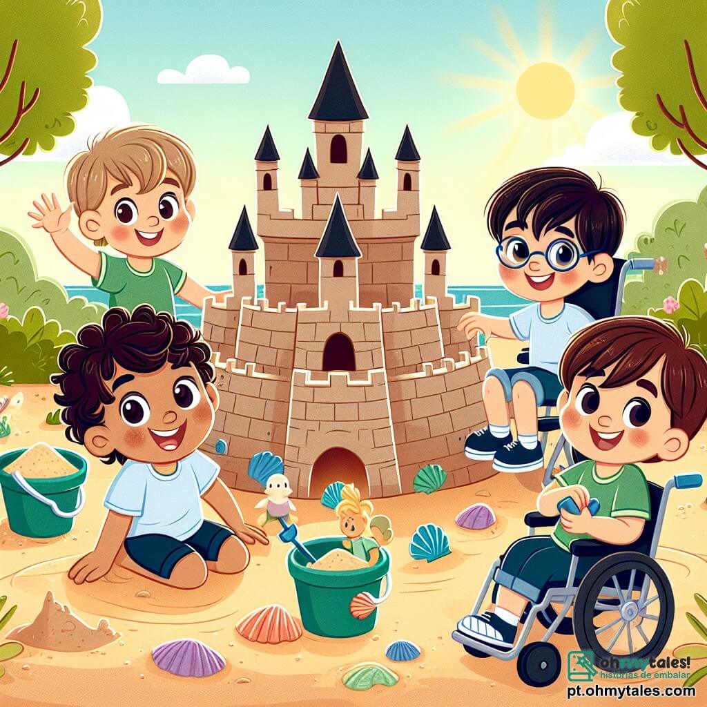 Em um parque ensolarado, cinco meninos de seis anos estão reunidos em torno de um lindo castelo de areia. Lucas, um menino de cabelo cacheado e olhos brilhantes, está agachado à esquerda, segurando um balde cheio de areia, com um grande sorriso no rosto. Pedro, um menino de cabelo castanho e óculos, está à direita, segurando uma pequena pá, pronto para adicionar uma torre ao castelo. Tiago, um menino de cabelo loiro e bochechas rosadas, está pulando de alegria atrás do castelo, com uma mão levantada, como se tivesse uma ideia genial. Miguel, um menino de cabelo castanho e olhos suaves, está sentado em sua cadeira de rodas nas proximidades, segurando conchas coloridas que se prepara para usar para decorar o castelo. Por fim, João, um novo menino de cabelo negro e olhos brilhantes, está no centro, sorrindo amplamente, com uma mão sobre o castelo, como se estivesse orgulhoso da criação deles. O parque é cheio de verde, com árvores majestosas e flores coloridas que dançam ao vento. O céu é de um azul brilhante, salpicado de algumas nuvens brancas fofas. A cena principal mostra as crianças reconstruindo o castelo de areia após uma brisa forte tê-lo derrubado. Elas trabalham juntas, rindo e se encorajando, ilustrando a beleza da amizade e da cooperação.