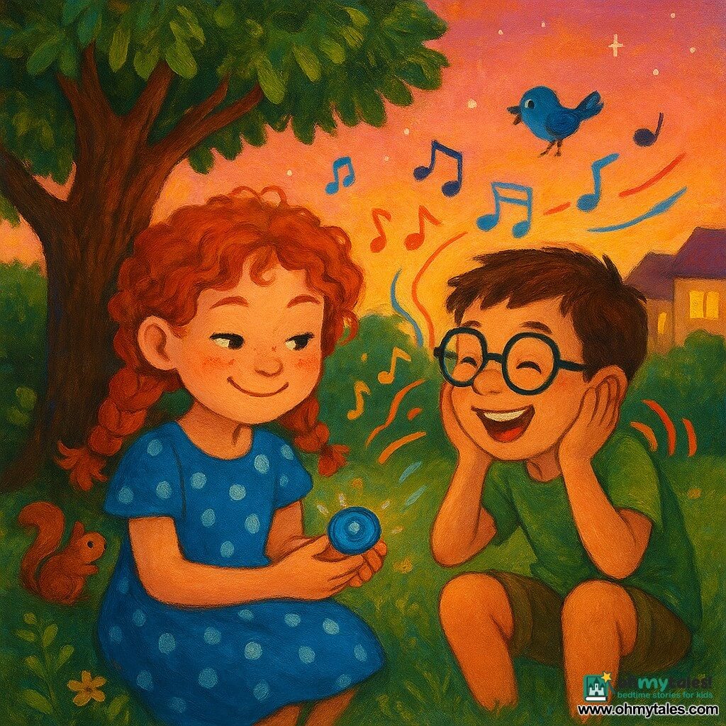 Two children, about seven: a red‑haired, freckled girl in a blue polka‑dot dress sits under a large oak at left holding a small glowing blue volume knob with a mischievous smile, and a brown‑haired boy with thick round glasses, a green t‑shirt and khaki shorts sits at right leaning toward her, hands on his knees, laughing and almost covering his ears as if hearing a loud sound; they are in a cozy backyard at dusk—green grass dotted with yellow flowers, an oak with a low branch, a bush with a curious squirrel’s shadow, warm houses with lit windows and a pink‑orange sky with early stars—and the girl has turned the knob slightly so garden sounds are exaggeratedly loud (birds shown with musical notes, laughs and barks as colorful waves), creating a gentle, playful, calming scene in warm colors with visible acrylic paint texture.