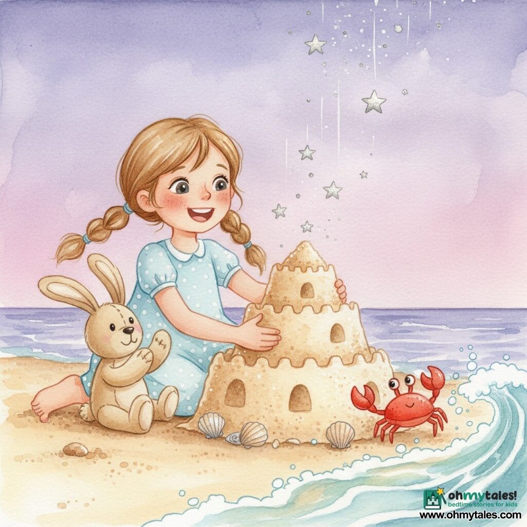 An 8-year-old girl with bright eyes and light-brown pigtails in a pale-blue polka-dot dress shapes a huge sand cake with her hands on the beach while her beige plush rabbit Mr. Flop sits beside her, looking content with a black button eye as if applauding; a small bright-red crab mischievously arranges shells as decorations at the cake’s edge, a soft foamy wave laps the base sending sparkling droplets, and a watercolor twilight sky of purple and pink showers silver star-confetti — a tender, playful scene in soft tones with grainy watercolor textures.