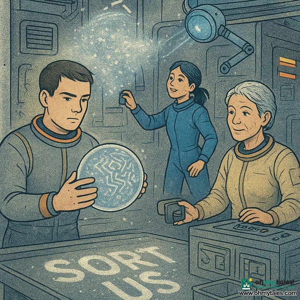 Commander Elias, a focused calm young man with a square face, short brown hair and a gray spacesuit with orange trim, floats by a stainless sorting table holding a clear capsule with a gray shard that glows in labyrinthine patterns; Nima, about 30, energetic with tied black hair in a blue suit, floats slightly behind attaching a magnetic patch to a vent while watching the sparkling cloud; Mara, about 50 with short silver hair and weathered skin in a worn beige suit, stands by a repaired control panel holding a small magnetic device and watching with relief; a ceiling-mounted assistant robot "Sable" appears as a small rolled robotic arm with a blue halo projecting visible magnetic lines and analysis pictograms; the scene is an indoor space-waste processing bay with brushed metal walls, pipes, grilles, yellow and red lit panels and labeled bins ("ORGANIC", "STATION WASTE", "UNKNOWN") where metallic dust floats in silver clouds that form glowing words on the floor ("SORT US") as the team gently guides the shimmering cloud into a transparent bin using magnetic tools under cold light, creating an atmosphere of discovery and methodical work.