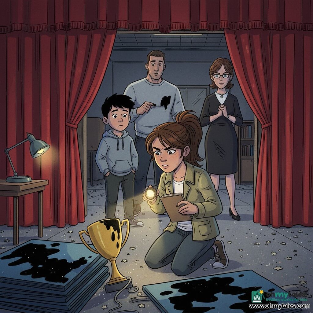 A young girl detective (about 13–14) with a focused, curious face, brown ponytail, khaki jacket, holding an open notebook and a lit flashlight, kneels near a stage curtain with a determined look and warm light on her face; a small shy boy, Theo (about 13) with black hair and a gray hooded sweatshirt, hands in pockets and worried, stands slightly behind her near stacked set pieces; a stern-looking librarian woman (about 40) in a dark dress and glasses stands in the curtain doorway with clasped hands; an athletic male coach (about 35–40) in a gray sweatshirt with a paint-stained finger looks surprised near the gym entrance; backstage of a school auditorium with dim lighting, red curtains, glittery gray carpet, painted set pieces, a lit work lamp on a staging table and scattered paper stars; main action: the detective finds a gold trophy hidden behind painted backdrops, its base stained with black paint and a gray hood drawstring caught on it, creating a tense but hopeful scene with a close-up on the detective and the trophy and the others reacting in the background.
