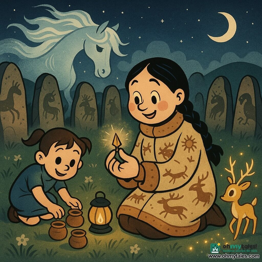 Adult woman (Alya) with a warm determined expression, round face with rosy cheeks, black hair in a long braid, wearing a beige felt coat decorated with deer and sun motifs, kneeling and holding a small bronze arrowhead wrapped in a thread of light at the center of a stone circle. Girl (Saira, ~8) with a mischievous, awed look, short hair in pigtails, simple blue dress, crouched to Alya’s left placing four small clay cups on the grassy ground near a low lantern. North Wind horse-spirit, white mist form with silver ribbon mane and icy eyes, floats behind the stones inclining its head. Small golden deer-spirit with antlers like branches leaves fireflies where its hooves touch the grass, approaching on the right. Setting: circle of twelve carved stones on a grassy valley ridge at dusk, long shimmering grass, pale flowers, low crescent moon in an indigo starry sky, weathered animal carvings on the stones. Main scene: quiet nighttime ritual—Alya and Saira invite the spirits to the "Night Council"; lantern light casts round shadows, the arrowhead glows like a reclaimed star; overall magical, gentle, mysterious mood with warm tones for the humans and cool blue/silver tones for the spirits.