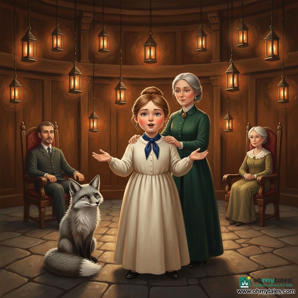 A determined round-faced princess (about 14) with light brown hair up, wearing a simple ivory dress and a neatly tied navy-blue tie, stands center, speaking confidently with open hands and a calm, assured expression; a silver fox named Bristle sits beside her, tail curled, looking around; Lady Maribel (about 40), the tutor with grey hair in a deep green coat, stands just behind with a hand on the princess's shoulder; the king (about 50) and queen (about 48) sit at the back on dark wooden chairs, slightly blurred and attentive; the circular council chamber has dark wood paneling, polished stone floor and dozens of hanging lanterns casting warm orange-yellow halos; atmosphere is soft, warm and solemn with rich contrasts, visible textures and shining wood reflections; style: visible-brush acrylic painting, warm palette contrasting the navy tie, childlike yet detailed rendering.