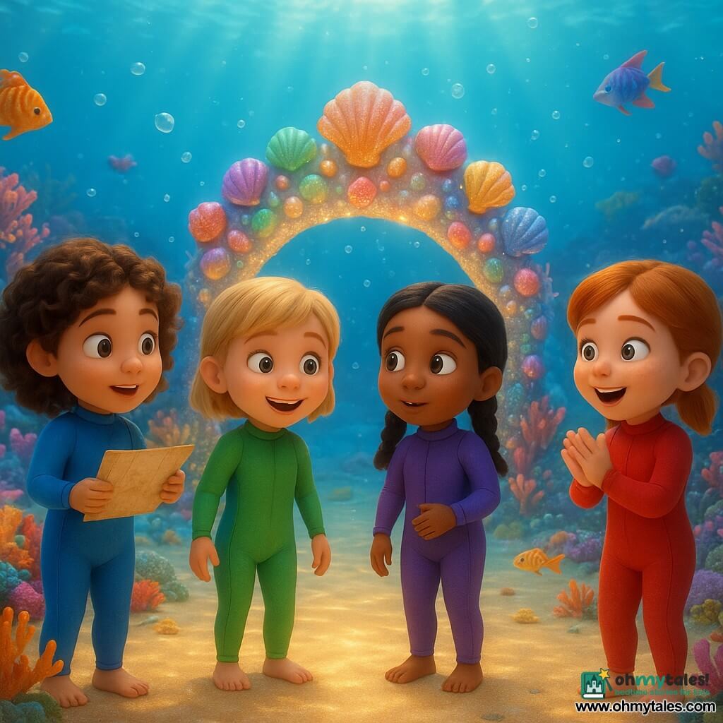 There are four children: Maya, a 6-year-old girl with curly brown hair, wearing a blue wetsuit, holding a map and standing on the left of the group. Lila, a 6-year-old girl with short blonde hair, wearing a green wetsuit, smiles and stands to the right of Maya. Noor, a 6-year-old girl with black braided hair, wearing a purple wetsuit, is to the right of Lila and looks around curiously. Tess, a 6-year-old girl with red hair and freckles, wearing a red wetsuit, is to the right of Noor and claps joyfully. The setting is a magical underwater garden with colorful corals, multicolored fish swimming around, and a shimmering shell arch in the center. Sunbeams pass through the water, creating luminous patterns on the golden sand. The main scene shows the children discovering the shell arch. They are amazed by its beauty, surrounded by fish and marine creatures observing them. The arch shines with countless colors, and the water is clear and bright, filled with bubbles and shimmering reflections.