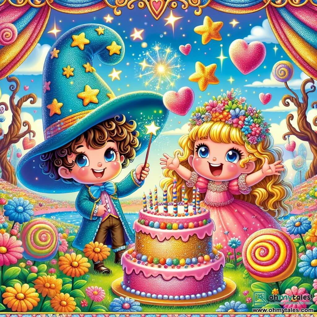 In a corner of the scene, Wiggly, a 7-year-old boy, wears a large blue hat floating above his head, adorned with sparkling golden stars. He has curly hair and a mischievous smile, holding a magic wand in his right hand. Next to him is Twinkle, a 6-year-old girl with long, shiny hair like strands of gold, wearing a pink dress decorated with glitter. She joyfully laughs, hands raised in the air, ready to celebrate their creation. Their environment is a colorful field in Gigglewood, filled with multicolored flowers dancing in the wind. In the background, twisted trees with heart-shaped leaves add a touch of magic, while a bright blue sky is dotted with candy-shaped clouds. The main scene shows Wiggly and Twinkle, both amazed, in front of a huge sparkling pink cake that has just appeared, with shiny sprinkles glistening in the sun. They are surrounded by floating magic bubbles, and a large shadow of a funny worm looms behind them, adding a humorous touch to this enchanted scene.
