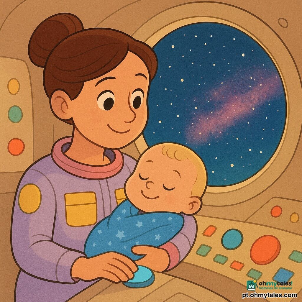 Mulher sorridente e gentil, cabelo castanho preso em coque, vestindo uma roupa espacial em tons pastéis com bolsos amarelos, segura com cuidado um bebê de cerca de 6 meses, rechonchudo e adormecido, envolto numa manta azul com estrelinhas; a cabine circular e acolhedora tem paredes creme, painéis de controle coloridos com grandes botões vermelho, azul e verde e luzes suaves que piscam, e pela janela redonda vê‑se um céu estrelado com uma nuvem de poeira espacial rosa e azul a cintilar como confetes; a mulher, com expressão protetora, apoia uma mão num botão azul luminoso enquanto a cabine é banhada por luzes verdes e rosas, criando uma atmosfera calma e segura.