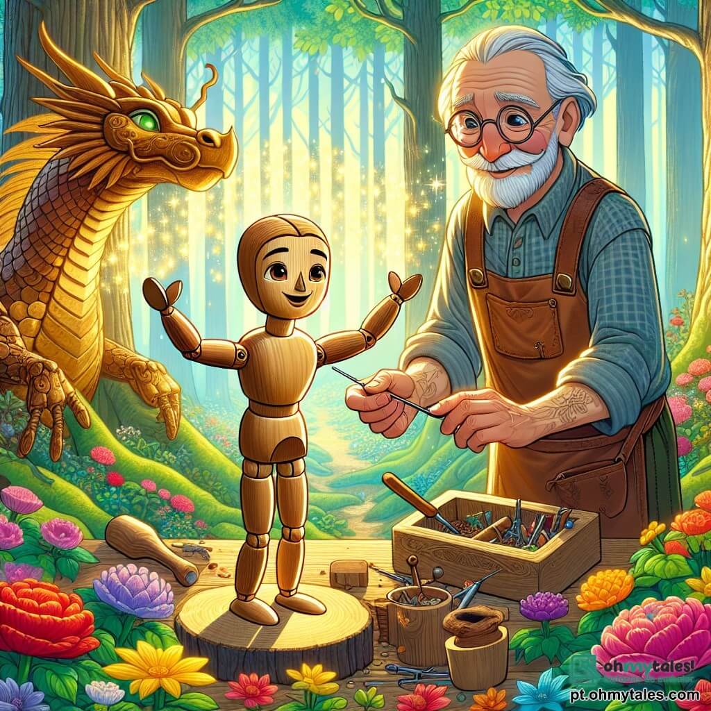 Pinocchio, um jovem garoto de madeira com olhos brilhantes e um largo sorriso, está no centro do palco, de braços abertos com admiração, cercado por folhas verdes vibrantes e flores coloridas. Seu corpo de madeira é delicadamente esculpido, com detalhes das veias de madeira e uma pequena gravata vermelha que adiciona um toque de charme. Ao seu lado, Gepeto, um homem idoso de rosto suave e sorridente, com barba branca e óculos redondos, observa seu filho com orgulho. Ele usa um avental de couro e segura uma ferramenta de escultura em uma mão, mantendo-se ligeiramente afastado, mas irradiando amor e apoio. Ao fundo, o dragão dourado, majestoso e cintilante, se ergue orgulhosamente, suas escamas brilham sob a luz do sol, e seus olhos sábios olham para Pinocchio com benevolência, soprando suavemente, liberando faíscas mágicas que iluminam a cena. O local é uma floresta encantada, onde as árvores são altas e majestosas, com folhas formando um teto verde. Raios de sol penetram pelas ramas, iluminando o chão coberto de flores multicoloridas e cogumelos de formas estranhas. A cena principal mostra Pinocchio, emocionado e feliz, descobrindo a magia do espelho da natureza, enquanto as cores vibrantes da floresta renascem ao seu redor, criando uma atmosfera de alegria e admiração.