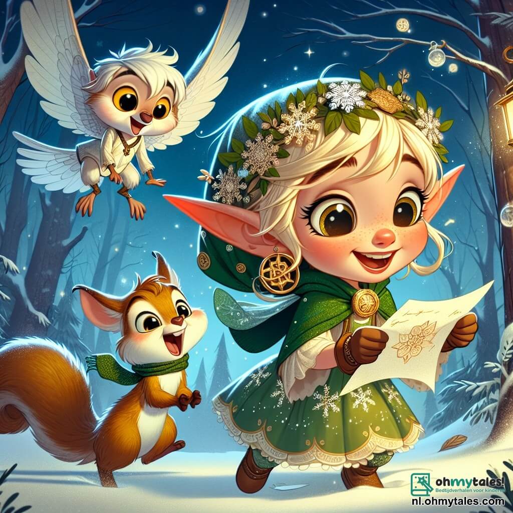 Tink, een klein elfje met gouden haren en grote puntige oren, is vol opwinding met een grote glimlach op haar gezicht. Ze draagt een groene jurk versierd met sneeuwvlokken en houdt een glanzende brief in haar handen. Naast haar springt Bliksem, een ondeugende eekhoorn met een bruine vacht en sprankelende ogen, van blijdschap, met zijn kleine pootjes omhoog. Luna, een wijze uil met witte veren en gouden ogen, kijkt vriendelijk naar hen vanuit een boomtak, klaar om hen te begeleiden. Hun avontuur speelt zich af in het betoverde bos van Glimmergroen, waar de bomen schitteren als diamanten onder het maanlicht en sneeuwvlokken zachtjes vallen, waardoor de grond bedekt is met een stralende witte deken. Tink, Bliksem en Luna staan samen, klaar om op zoek te gaan naar de magie van Kerstmis, met de mysterieuze brief in de hand, die hun zoektocht symboliseert om de magie en wensen van Kerstmis naar alle kinderen ter wereld te brengen.