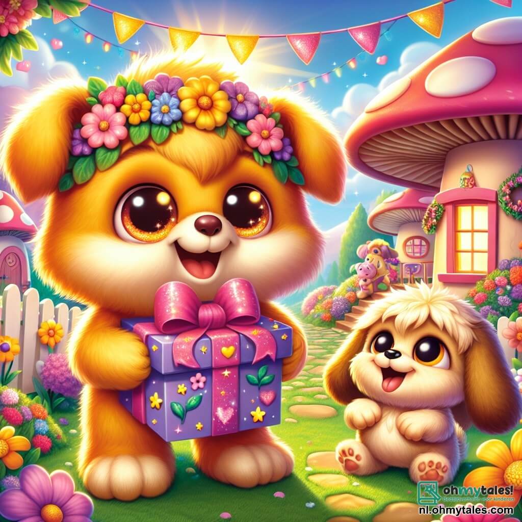 Flonky, een schattig klein figuurtje in de vorm van een kleurrijke haarbal met grote glanzende ogen, straalt van vreugde terwijl hij een doos vasthoudt die versierd is met bloemen en glinsterende sterren, klaar om een cadeau aan zijn mama te geven. Naast hem staat Snuffel, een hond met grote hangoren en een gouden vacht, die een samenzweerderige glimlach toont terwijl hij opgewonden springt, met zijn poten omhoog alsof hij Flonky wil helpen het cadeau te dragen. De scène speelt zich af in het charmante dorp Bloesemvale, waar de paddenstoelvormige huizen omringd zijn door bloeiende tuinen en waar kleurrijke slingers in de lucht hangen. Op de achtergrond schijnt de zon zachtjes en werpt een gouden licht over het betoverende landschap. Flonky en Snuffel staan voor het huis van Mamselina, vol spanning om hun verrassing voor Moederdag te onthullen, vol liefde en enthousiasme, klaar om dit speciale moment samen te vieren.