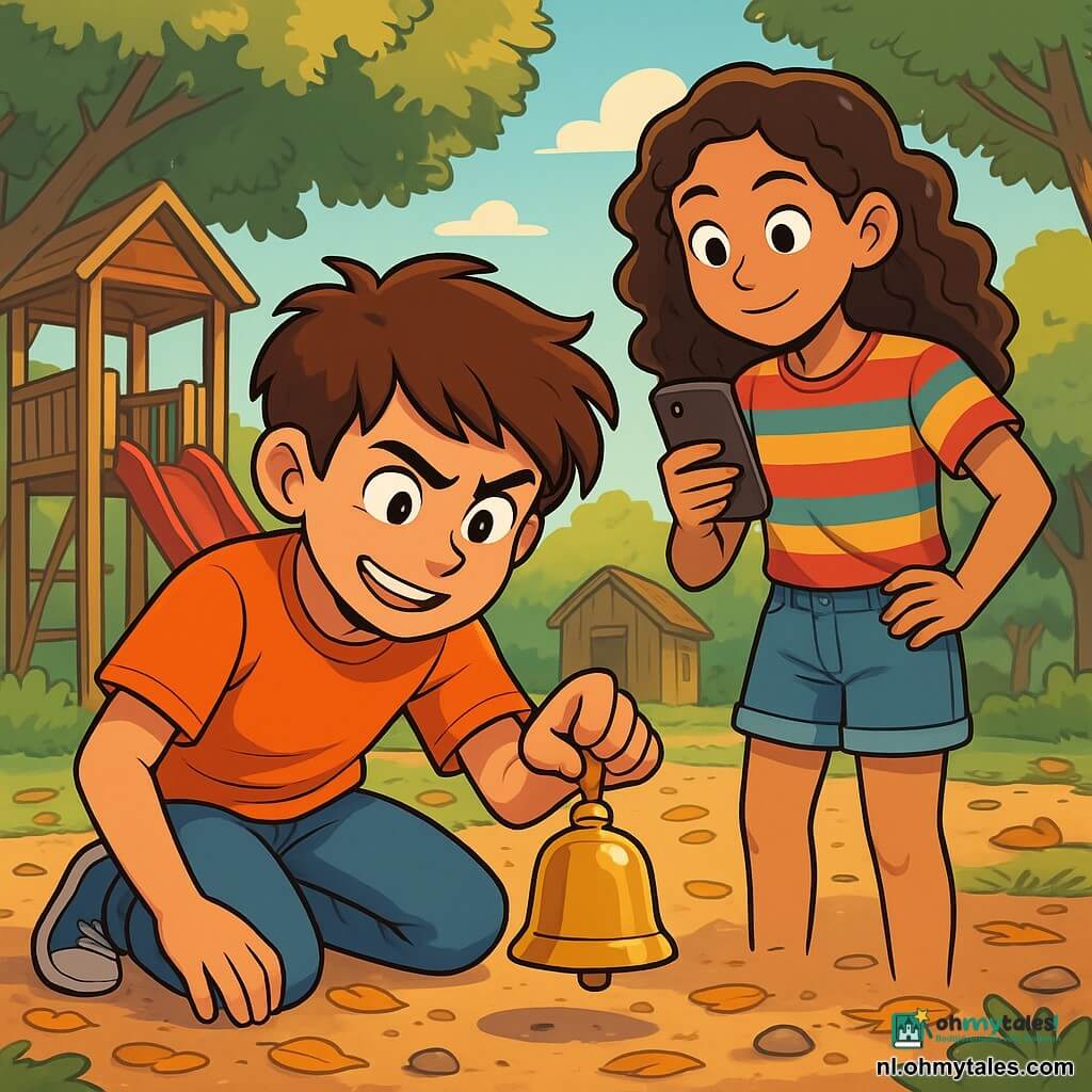 Een 12-jarig jongen, Tom, met rommelig kastanjebruin haar en nieuwsgierige ogen, zit op de grond en onderzoekt aandachtig een kleine gouden bel die hij net heeft gevonden. Zijn gezicht straalt enthousiaste vastberadenheid uit, met een brede glimlach en gefronste wenkbrauwen van concentratie. Naast hem staat Noor, een 11-jarig meisje met lang, krullend haar, in een kleurrijk gestreept T-shirt en een spijkerbroekshort, die geïnteresseerd toekijkt en foto's maakt met haar telefoon. Ze staat iets op afstand met haar handen op haar heupen, met een nieuwsgierige en aanmoedigende blik. De achtergrond is een klein dorpspark met een houten speelplaats, een felrode glijbaan en loofbomen die schaduw bieden. De grond ligt vol met gouden bladeren en kleine steentjes, en in de verte is een oud houten hutje te zien. De hoofdscène toont Tom en Noor die op onderzoek uit zijn, terwijl ze mysterieuze aanwijzingen ontdekken over een verdwenen kleurrijke rad, omgeven door een sfeer van opwinding en mysterie, met zonnestralen die door de takken van de bomen filteren.