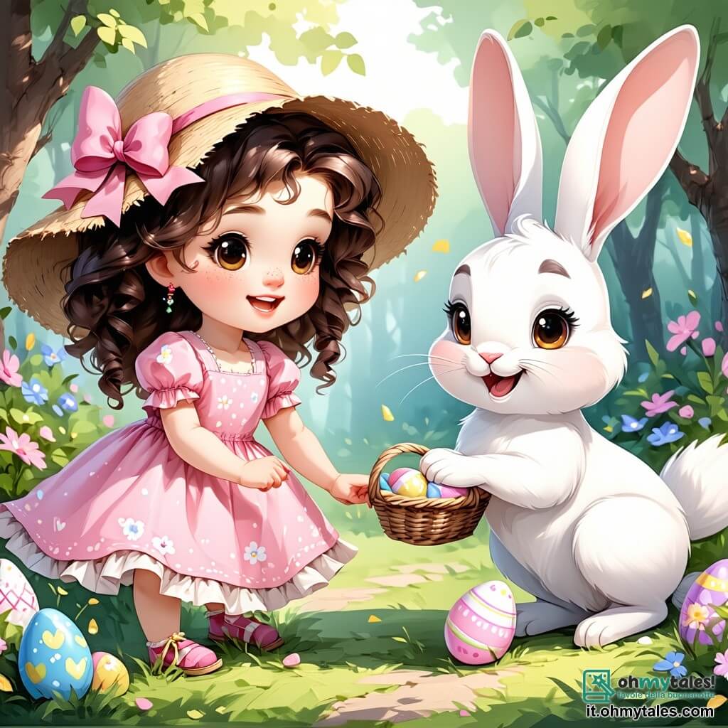 Una bambina di un anno, con grandi occhi brillanti e riccioli castani, indossa un vestito rosa a fiori e un cappello di paglia. È piena di gioia e sorride mentre cerca le uova di Pasqua nel giardino. Accanto a lei, un adorabile coniglietto di Pasqua, con pelliccia bianca e grandi orecchie, la guarda con un sorriso malizioso. Tiene un uovo colorato tra le zampe anteriori e si trova proprio accanto a lei, pronto ad aiutarla nella sua ricerca. Il giardino è luminoso e soleggiato, pieno di fiori colorati, alberi verdi e erba fresca. Uova di Pasqua dai colori vivaci sono nascoste tra i fiori e sotto le foglie, creando un'atmosfera festosa e gioiosa. La scena mostra Sofia mentre si piega per raccogliere un uovo blu brillante, mentre il coniglietto la incoraggia con entusiasmo. L'atmosfera è piena di magia e felicità, catturando lo spirito della caccia alle uova di Pasqua.