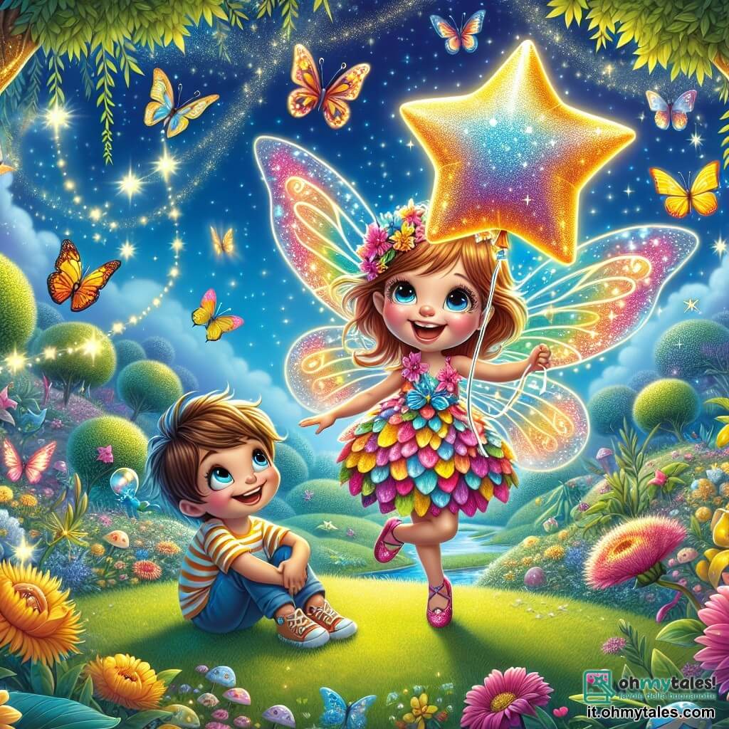 Una piccola fata di nome Luminella, con ali scintillanti e un vestito fatto di petali di fiori colorati, sorride gioiosamente tenendo un grande pallone a forma di stella. I suoi occhi brillano di eccitazione mentre si trova al centro dell'immagine, circondata dalla magia. Accanto a lei, un ragazzo di 8 anni di nome Marco, con capelli castani arruffati e una maglietta a righe, guarda il pallone con meraviglia. È seduto sull'erba verde, con le gambe incrociate, e sembra pronto a saltare di gioia. Il decor è un giardino incantato, pieno di fiori vivaci, farfalle danzanti e un ruscello scintillante che si snoda attraverso il paesaggio. Alberi maestosi con foglie dorate circondano la scena, creando un'atmosfera magica e accogliente. La situazione principale mostra Luminella e Marco che celebrano il recupero del pallone stellato, circondati da risate e gioia, pronti a condividere una nuova avventura insieme in questo mondo fatato.