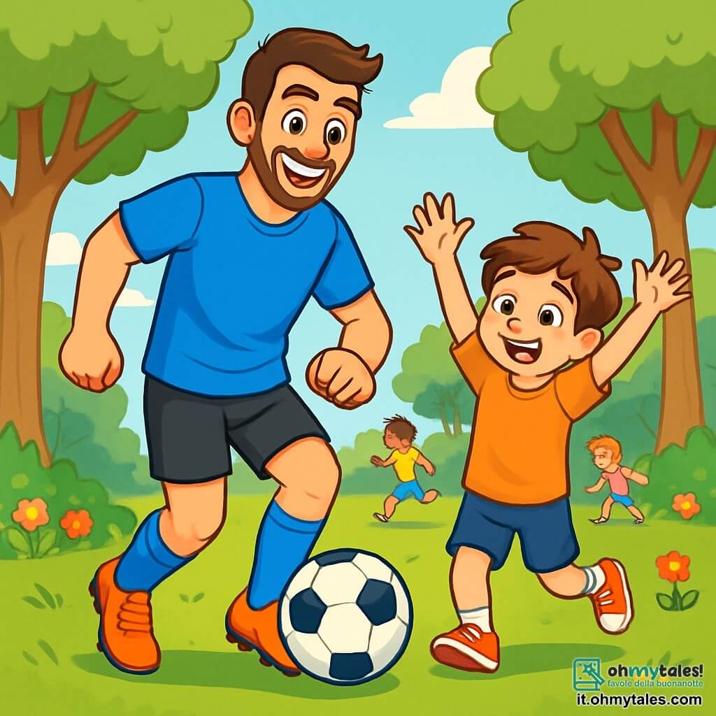 Marco, un uomo atletico di circa trent'anni, sta dribblando un pallone da calcio con un grande sorriso sul volto, gli occhi brillanti di gioia e determinazione. Indossa una maglietta blu vivace, pantaloni neri e scarpe da ginnastica lucide. Accanto a lui, Luca, un ragazzo di 8 anni con i capelli castani e gli occhi pieni di eccitazione, cerca di imitarlo, alzando le braccia al cielo con un sorriso radioso. Sullo sfondo, un parco verdeggiante è pieno di alberi maestosi e fiori colorati, con altri bambini che giocano a calcio. La scena trasmette un'atmosfera di camaraderie e felicità, illustrando il piacere del gioco e lo spirito di squadra.