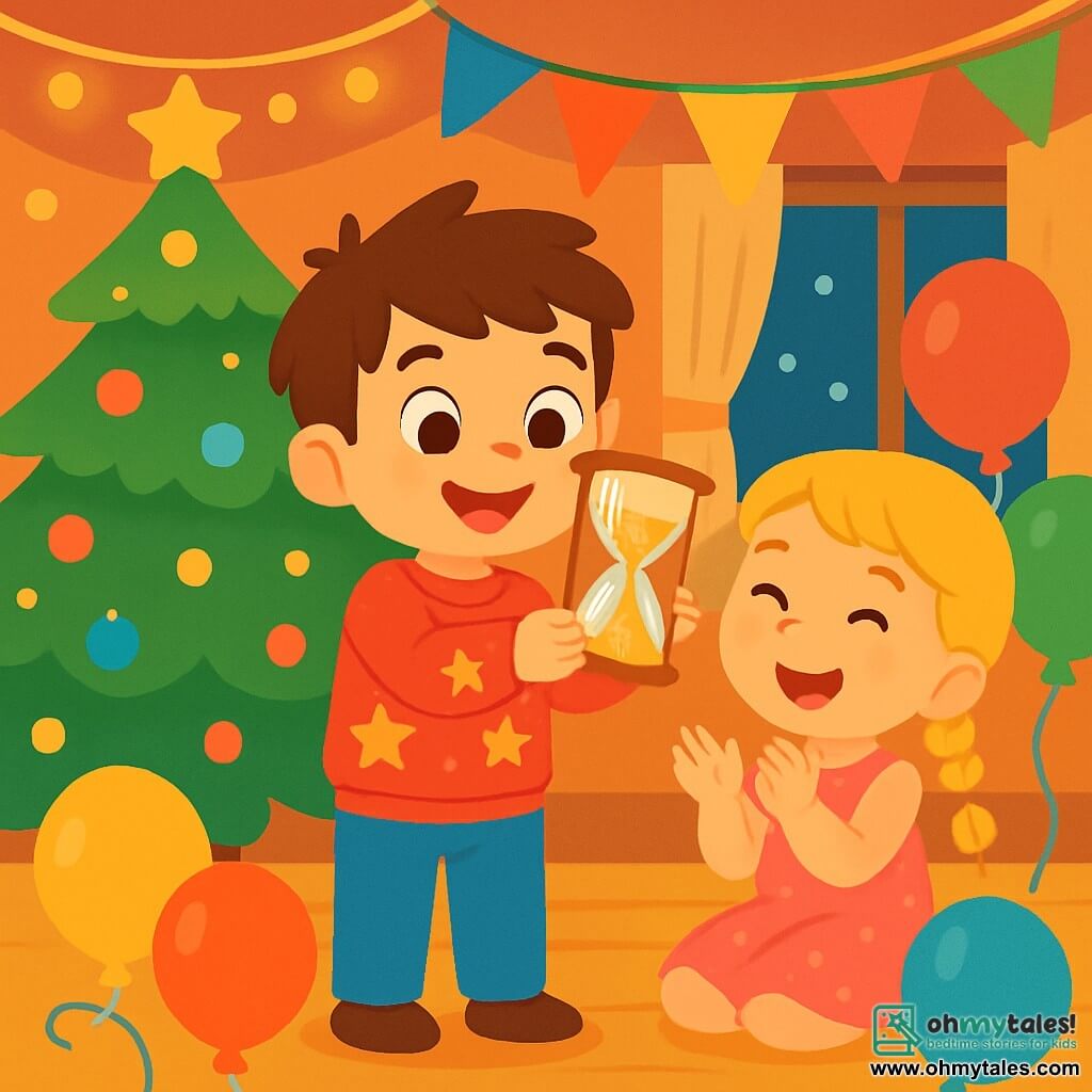 A 4-year-old boy with messy brown hair and a bright smile stands in the center of a festive room. He wears a red sweater with golden stars and blue pants. His eyes sparkle with excitement as he holds a small magic hourglass, watching the shimmering sand flow. Next to him, his cousin Lily, a 5-year-old girl with braided blonde hair and a glittery pink dress, joyfully claps while sitting on the floor surrounded by colorful balloons. The scene takes place in a warm living room decorated with string lights and multicolored balloons. A large Christmas tree sparkles in one corner, adding to the festive atmosphere. The boy and his cousin are celebrating New Year's Eve with their family, eagerly awaiting the moment when the hourglass runs out, marking the start of a new year full of promises.