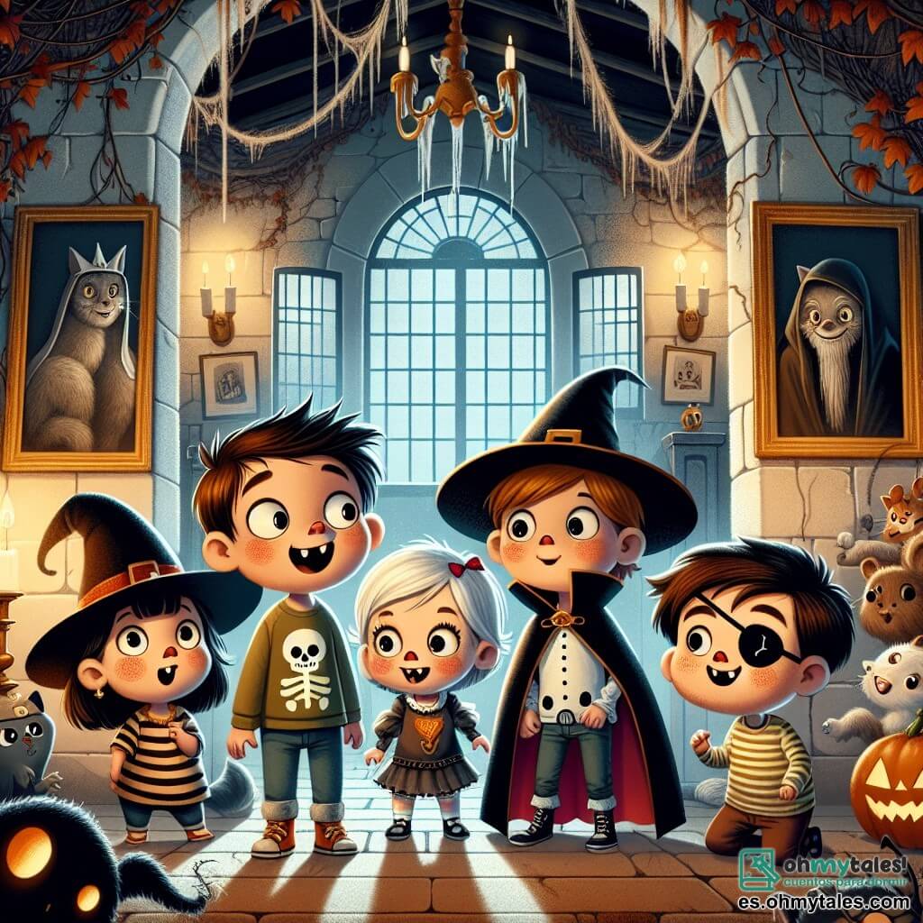 En una casa misteriosa, Tito, un niño de cinco años con una camiseta de esqueleto, se encuentra en el centro, con los ojos llenos de curiosidad. A su derecha, Lucho, otro niño de cinco años con un gran sombrero de mago, sonríe con entusiasmo. A la izquierda, Dani, una niña de cinco años disfrazada de vampiro con capa negra y dientes afilados, observa con emoción y un poco de miedo. Finalmente, Tomás, un niño de cinco años vestido de pirata con un parche en el ojo, se inclina hacia adelante, listo para explorar. La escena transcurre en una antigua casa con paredes cubiertas de hiedra y ventanas polvorientas, iluminada por una luz tenue que crea una atmósfera aterradora y mágica. Los niños descubren un grupo de animales disfrazados, como un perro de bruja y un ratón de fantasma, que los reciben con risas. La atmósfera está llena de sorpresas y risas, transformando su miedo inicial en una aventura divertida e inolvidable.