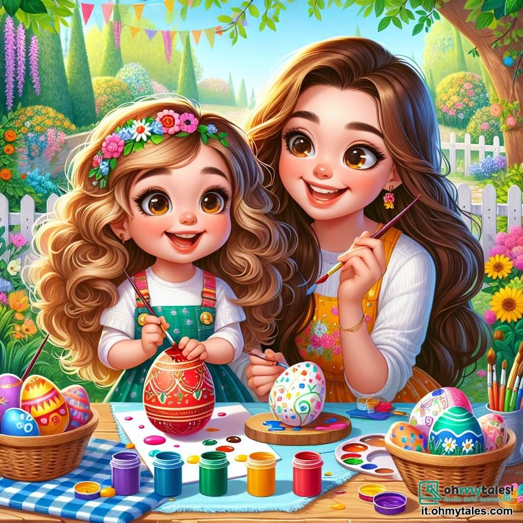 Una bambina di 4 anni, Sofia, con grandi occhi brillanti e capelli ricci castani, sta dipingendo uova di Pasqua colorate su un tavolo di legno. Sorride con entusiasmo, tenendo un pennello in una mano e un uovo rosso nell'altra, circondata da barattoli di vernice vivaci. Accanto a lei, la mamma, una donna di circa 30 anni con capelli lunghi e lisci, indossa un grembiule colorato e la incoraggia con un sorriso caloroso, piegata su un uovo blu mentre aggiunge motivi floreali. Lo sfondo è un bel giardino primaverile, pieno di fiori colorati e alberi in fiore, con un cielo blu chiaro e alcune nuvole bianche e soffici. Una grande tovaglia a quadretti è stesa sull'erba e un cestino pieno di uova decorate è posato accanto a loro. La scena principale mostra Sofia e sua mamma mentre creano opere d'arte per Pasqua, in un'atmosfera gioiosa e festosa, piena di colori e creatività.