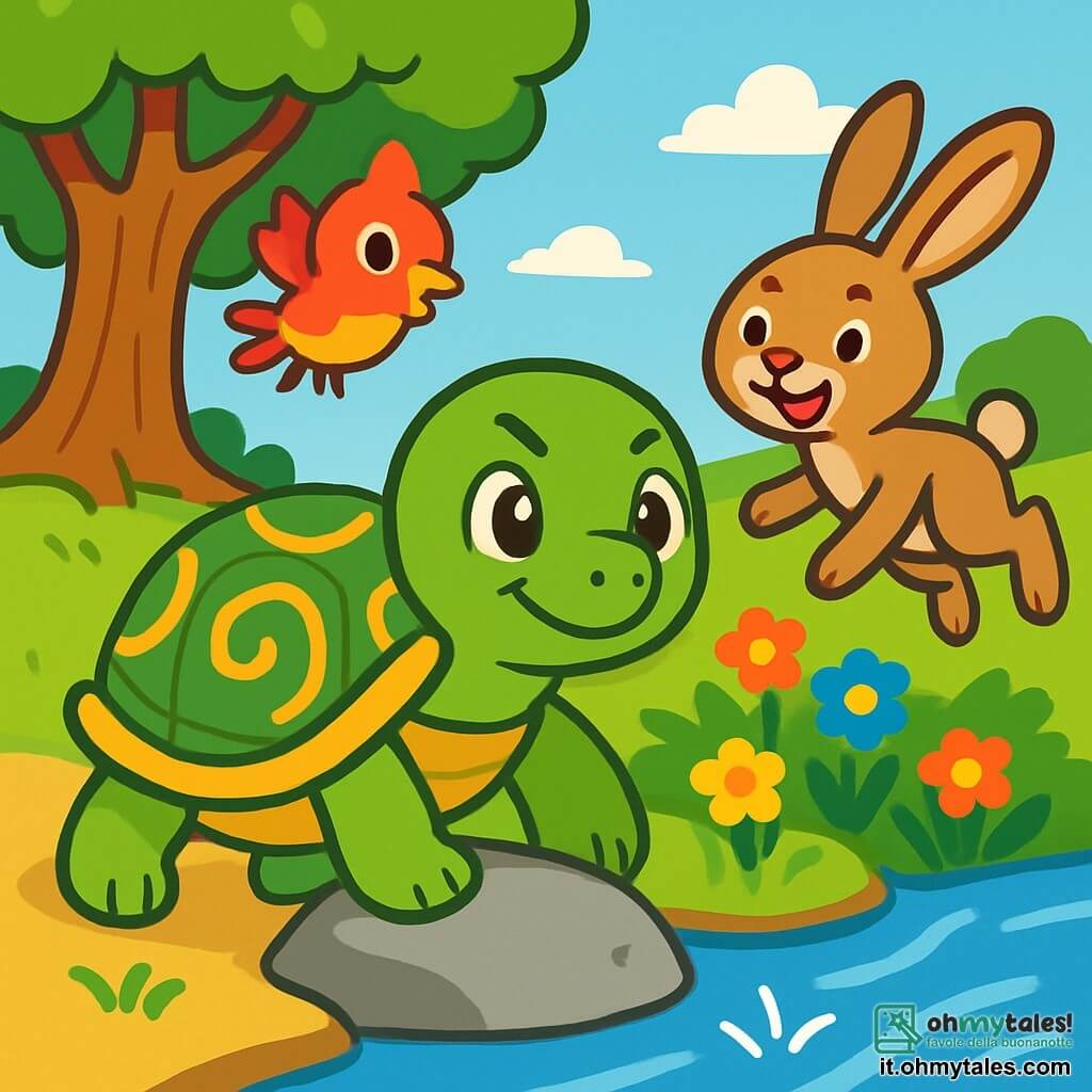 Una tartaruga di nome Tilla, con un bel guscio verde decorato da motivi dorati, sorride con occhi scintillanti di determinazione. Si trova vicino a un ruscello scintillante, con le zampe anteriori appoggiate su una pietra liscia, pronta ad aiutare. Accanto a lei, un piccolo uccello colorato di nome Pio, con piume rosse e gialle, vola allegramente intorno a lei, mostrando un'espressione entusiasta. Più in là, una lepre di nome Lalla, con pelo marrone chiaro e grandi orecchie, salta energicamente, pronta a partecipare all'avventura. Sullo sfondo, una maestosa quercia con foglie verdi vibranti e fiori multicolori borda il ruscello, creando un'atmosfera magica. La scena mostra Tilla e i suoi amici mentre lavorano insieme per liberare il ruscello, con riflessi di luce nell'acqua e risate nell'aria.