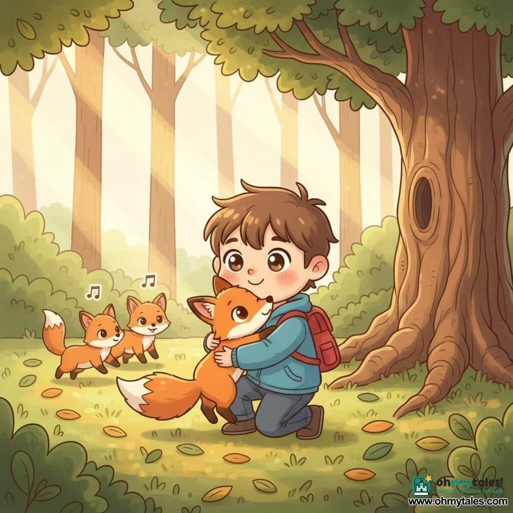 A 6-year-old boy with a delighted smile, bright eyes, messy brown hair, a blue jacket and red backpack crouches, hugging a small orange fox ("Fidget") who wags its fluffy tail against him at the center of the image; two lighter-furred kits play and bounce in the left background with tiny laughter notes; the scene is at the edge of a magical forest with a huge gnarled oak to the right, a carpet of green and golden leaves and sunbeams filtering through, depicting a warm, joyful reunion after an adventure in soft, contrasting pastel colors (tender greens, warm oranges, gentle blues), centered composition, rounded simple shapes, warm light and a comforting atmosphere.