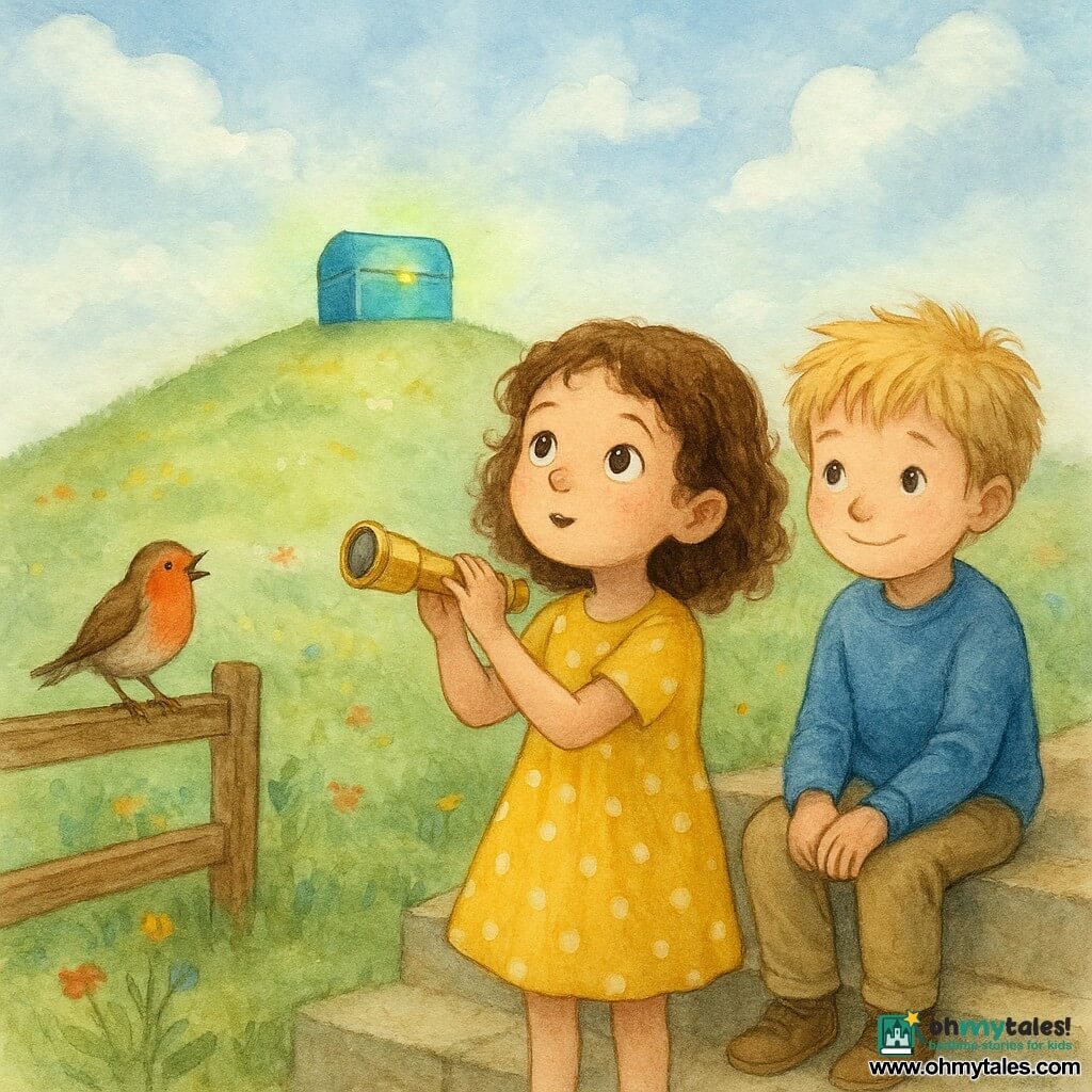 A 6-year-old girl, Maya, with brown curly hair, wears a yellow dress with white polka dots. She has a look of wonder and curiosity, holding a small golden telescope in her hands. Next to her, a 7-year-old boy, Theo, with blond tousled hair, sits on a bakery step, smiling shyly. He wears a blue sweater and beige pants. In the background, a green hill dotted with wildflowers has a shiny blue box at the top, emitting a soft green glow. The sky is scattered with fluffy clouds and a small robin perches on a wooden fence, singing joyfully. The scene exudes an atmosphere of discovery and magic, where time seems to stand still.