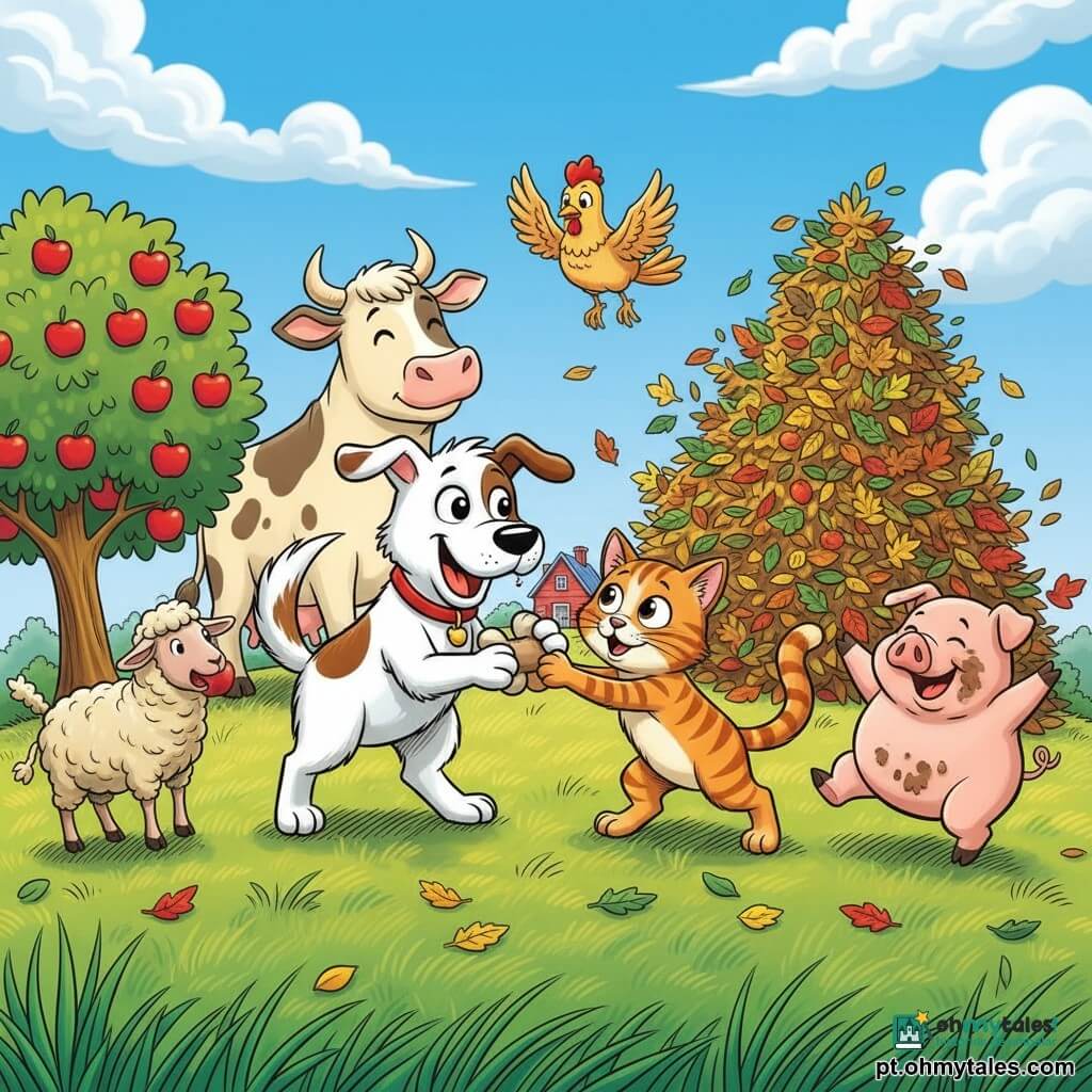 Bolinha, um cão alegre e aliviado de pelo curto branco com manchas castanhas, abana a cauda segurando um osso, enquanto Miau, gato risonho ruivo com listras brancas, lhe oferece o osso; ao fundo a vaca Mimosa, grande e mansa de pelagem creme com manchas pretas, sorri, o porco Pipo pula numa pilha de folhas, a galinha Pintadinha voa por cima e a ovelha Lili mastiga uma maçã junto a um macieira; tudo acontece no topo de uma colina verde com relva ondulante, maçãs vermelhas, uma casinha de fazenda vermelha e céu azul com nuvens, numa cena festiva de reencontro, cores vivas e gestos animados.