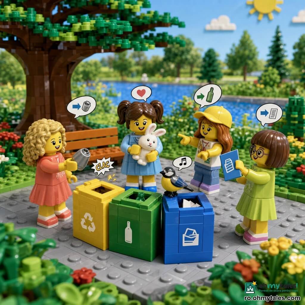 Sunt patru fete într-un parc însorit construit din cărămizi LEGO: Mara, 6 ani, păr brun în două cozi, rochie bleu, ține un iepuraș de pluș reparat la piept în centrul grupului; Daria, 5 ani, păr blond buclat, rochie coral, stă în stânga și aruncă o doză metalică în compartimentul galben; Ilinca, 6 ani, păr șaten deschis, șapcă galbenă, jeanși, stă în dreapta și arată spre compartimentul verde pentru sticlă; Sofia, 5 ani, păr brun scurt, ochelari rotunzi, rochie verde, arată un pliant albastru spre compartimentul albastru pentru hârtie. Fundal: alee gri, iarbă verde, tufișuri cu flori, un lac albastru și un copac mare, un banc portocaliu și o pancartă colorată lângă coșuri; coș triplu LEGO: albastru pentru hârtie, galben pentru plastic/metal, verde pentru sticlă; atmosferă luminoasă, gesturi clare, mici simboluri de acțiune LEGO și o pasăre LEGO pe coș care pare că cântă.
