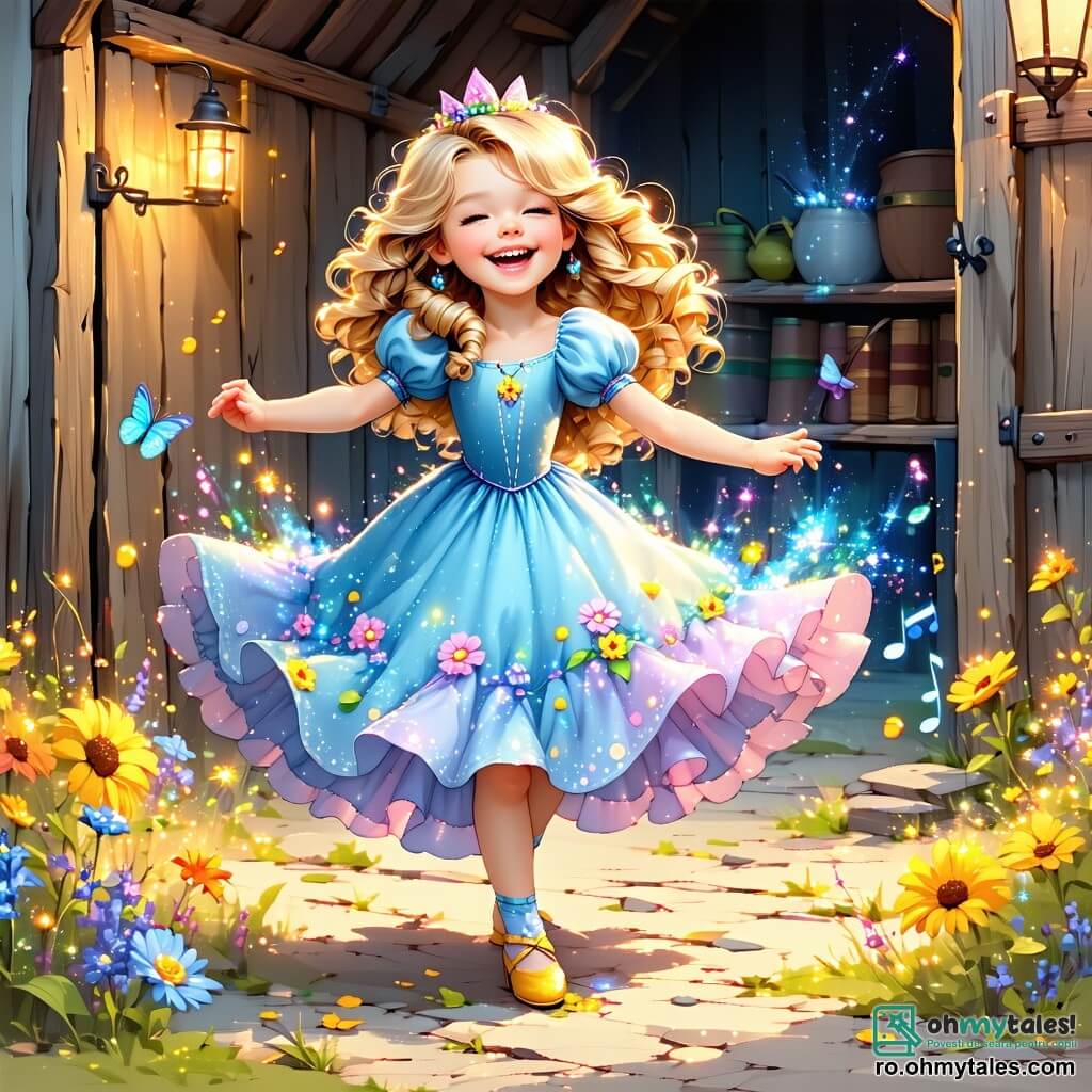 Prințesa Lili, o fetiță de aproximativ 10 ani, are părul lung, blond și creț și poartă o rochie colorată împodobită cu flori care cântă. Ea dansează vesel în mijlocul unei grajduri magice, cu fața strălucind de fericire și șiretenie, în timp ce se împiedică ușor de rochie, provocând râsete în jurul ei. Lângă ea, Prichindel, un goblin jucăuș de aproximativ 8 ani, cu pielea verde și urechi ascuțite, râde în hohote încercând să o imite, stând pe o picior, ceea ce îl face și mai comic. Mai departe, Bubu, o purcelușă roz și rotundă, stă pe o floare uriașă, ținându-se de burtă de râs, obrajii ei roz întinzându-se într-un zâmbet contagios. Decorul este o grajd magic, plin de flori colorate care dansează și cântă, cu copaci cu trunchiuri răsucite și un cer albastru strălucitor presărat cu nori în formă de bomboane. Scena emană o atmosferă veselă și ludică, unde magia și distracția se îmbină armonios. Situația principală o arată pe Lili dansând stângaci, provocând râsete printre prietenii ei, în timp ce se împiedică de rochie și face un goblin să cadă într-un iaz, creând o explozie de apă și bucurie în jurul lor.