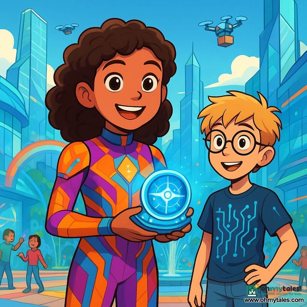 A 12-year-old girl, Mira, with curly brown hair and sparkling curious eyes, stands at the center of the scene, a big smile lighting up her face. She wears a bright, futuristic jumpsuit adorned with shimmering geometric patterns and holds a glowing device in her hands, the Innovator's Compass, which emits a soft blue light. Beside her is her best friend Theo, also 12, with messy blonde hair and round glasses, watching in wonder. He wears a t-shirt with electronic circuit patterns and denim shorts, looking at Mira with admiration, ready to help her on her adventure. The setting is the Plaza of Innovation, a vibrant futuristic square surrounded by glass and crystal buildings sparkling in the sun. Dancing light fountains project bright rainbows around them, while drones float in the azure sky delivering packages. Mira and Theo stand in front of a massive holographic screen displaying futuristic inventions, ready to dive into a new adventure. The atmosphere is filled with excitement and creativity, with children laughing and sharing their ideas around them.