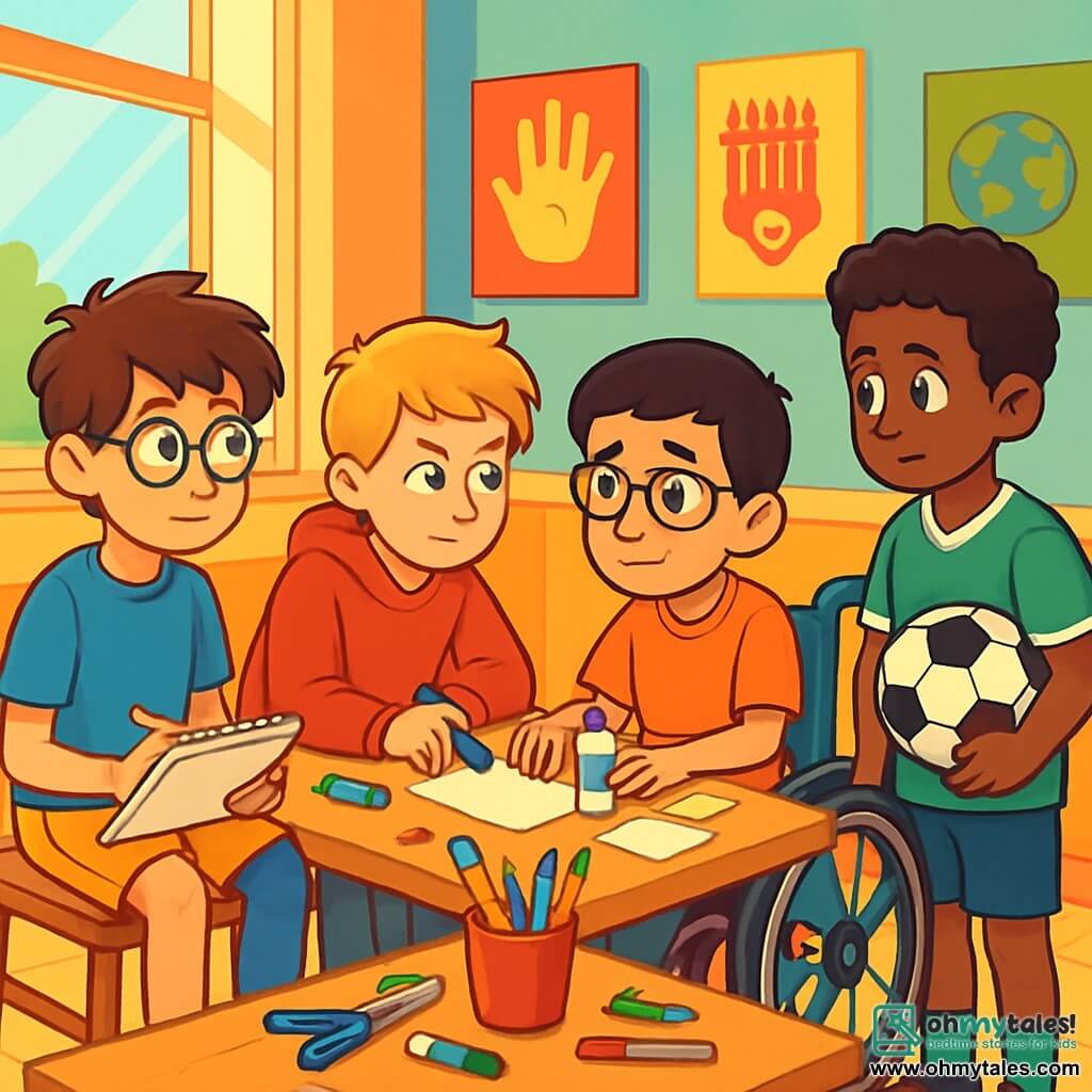 There are 4 children: - Sam: An 11-year-old boy with messy brown hair and round glasses, wearing a blue t-shirt and yellow shorts, sitting on a chair with a sketchbook on his lap. - Ethan: A 10-year-old boy with blond hair and sparkling eyes, wearing a red hoodie and jeans, leaning forward, playing with a marker cap. - Amir: An 11-year-old boy of Arab descent with black hair and glasses, in a wheelchair decorated with colorful stickers, smiling despite his discomfort, surrounded by paper and glue. - Jayden: A 12-year-old boy with curly hair and dark skin, wearing a green soccer jersey and holding a soccer ball under his arm, watching his friends closely. The setting is the art room of the Maplewood Youth Center, with brightly painted walls, wooden tables covered in art supplies, and cultural posters on the walls. Sunlight filters through large windows, creating a warm and welcoming atmosphere. The main scene shows the four friends gathered around a table, seriously discussing their project for Cultural Friendship Day. Amir, while smiling, seems a bit sad, while Sam, Ethan, and Jayden exchange worried glances, aware of the teasing Amir has faced.