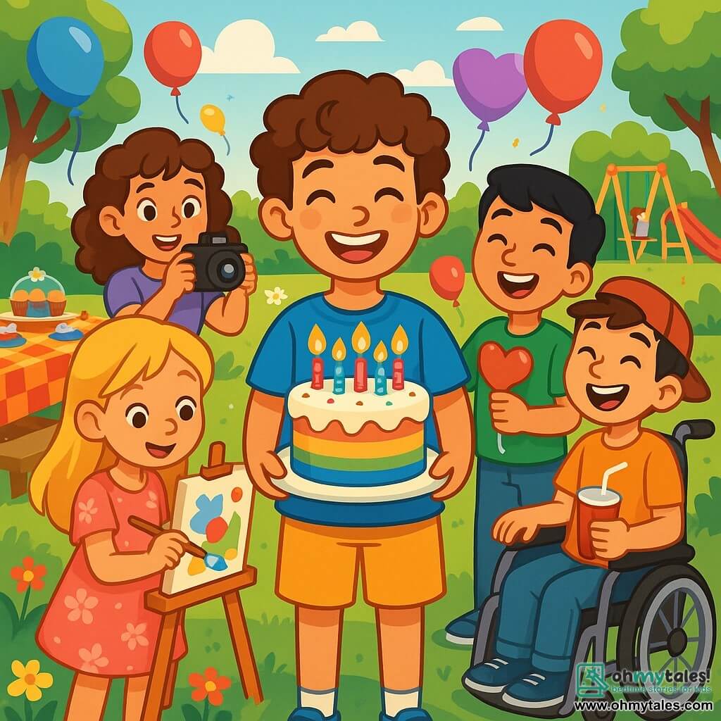 There are 5 characters: Jamie, a 12-year-old boy with curly brown hair, wearing a blue t-shirt and yellow shorts, is in the center, smiling while holding a large, colorful cake decorated with candles. Mia, a 12-year-old girl with long blonde hair, wearing a pink floral dress, stands to the left of Jamie, painting a small canvas with bright colors. Oliver, a 12-year-old boy with short black hair, wearing a green t-shirt and jeans, is to the right of Jamie, laughing and holding a heart-shaped balloon. Sophie, a 12-year-old girl with curly brown hair, wearing a purple t-shirt and denim shorts, is behind Jamie, smiling and holding a camera, ready to capture the moment. Ethan, a 12-year-old boy with brown hair and a red cap, wearing an orange t-shirt, is in a wheelchair at the back, smiling and holding a fizzy drink. The scene takes place in a sunny park filled with lush greenery and colorful flowers. Balloons float in the air, and a large picnic table is decorated with bright tablecloths, cakes, and treats. In the background, children are playing on swings and slides. The main situation shows Jamie and his friends celebrating his birthday, surrounded by laughter and joy, gathered around a beautiful birthday cake, ready to sing and make a wish, while sunlight illuminates their happy faces.