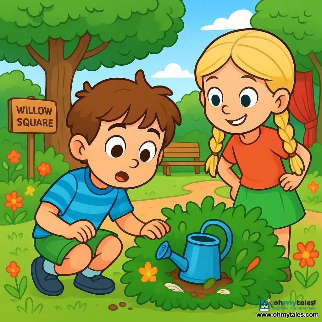 A 6-year-old boy, Timothy, with big brown eyes and messy brown hair, looks on with curiosity and excitement. He wears a blue striped shirt and green shorts, crouched near a flowering bush, holding a small stick like a detective. Next to him is his best friend Mia, a 6-year-old girl with braided blonde hair and a mischievous smile, carefully observing the bush with her hands on her hips. Their setting is the charming Willow Square, filled with colorful flowers, wooden benches, and a large tree with lush foliage. In the center, a large red curtain conceals a stage, adding a touch of mystery to the place. The main scene shows Timothy and Mia discovering Mrs. Rose's precious watering can, hidden in the bush, surrounded by feathers and dirt, with looks of surprise and adventure on their faces.