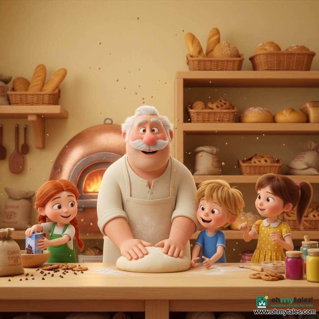 A smiling round-faced baker with a soft white mustache and a slightly flour-dusted cream apron shapes a ball of dough on a light wooden board while three children help: Lily, about 7, with brown pigtails and a yellow polka-dot dress watches in wonder holding a small spoon to his right; Max, about 6, with tousled blond hair and a blue T-shirt presses the dough with both hands and laughs in front of the counter; Emma, about 5, with red hair in braids and a green overall shakes a box of chocolate chips and smiles to the left near a bowl. The warm bakery has pale yellow walls, wooden shelves filled with golden breads and biscuits, a shiny copper oven with soft orange light, and flour bags and colorful jars on the counter. The scene shows a joyful, lively group making rising dough with floating crumbs and flour, soft rounded compositions, warm colors and clear contrasts for a cozy 3D look appealing to young children.