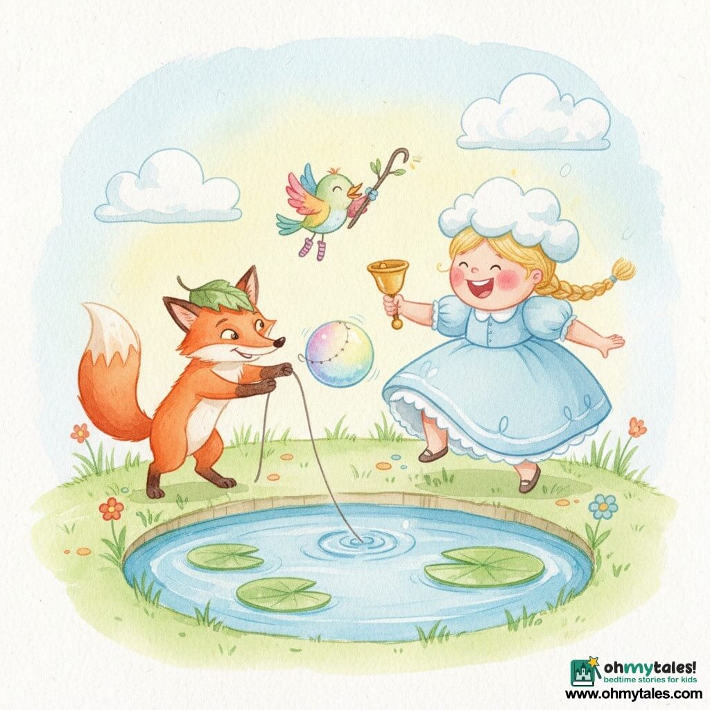 A joyful, laughing little princess with a round face, rosy cheeks and braided blonde hair wears a pastel blue dress and a small cloud-like hat; she holds a golden bell and reaches for a shiny ball. Beside her to the left, a mischievous but friendly red fox in a leaf hat stands on its hind legs helping pull the ball from a small blue pond. A tiny colorful bird wearing striped socks flies above holding a hooked twig, looking helpful. The scene shows a circular pond beside a green grassy path with floating water lilies, simple flowers and fluffy clouds, in soft morning light with pastel watercolor textures; the princess retrieves the ball with the fox and bird amid gentle movement, laughter and a safe, joyful atmosphere.