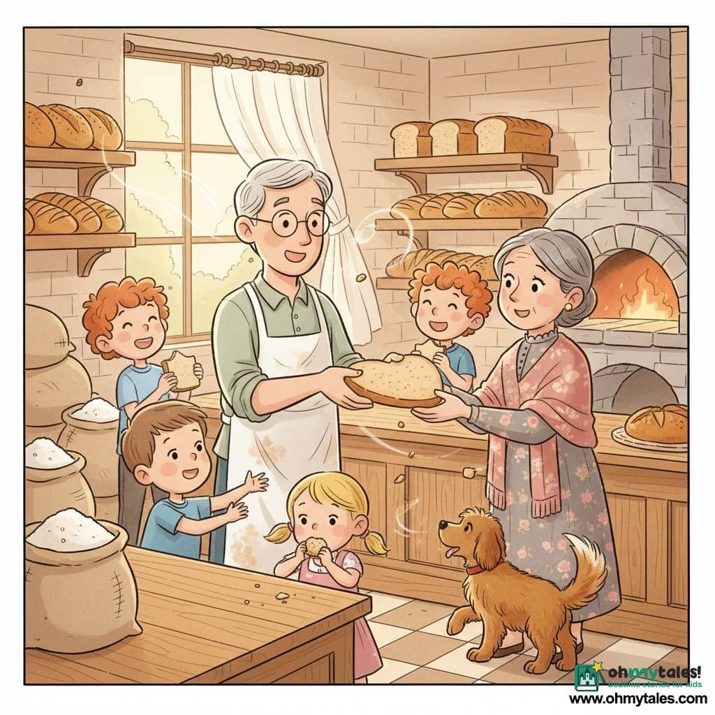 A friendly smiling baker, Mr. Oliver, with light gray hair, round glasses and a flour‑stained white apron, shapes a large heart-shaped loaf on a light wooden counter in a warm bakery while handing a big slice to Mrs. Maple, an admiring woman in her 60s wearing a floral dress and shawl; nearby children — a delighted 6-year-old brown-haired boy reaching for a slice, a 5-year-old blonde girl tasting a crumb on the counter, and a laughing curly red-haired 7-year-old holding his piece — watch happily as Biscuit, a small brown fluffy dog with a wagging tail, sits by Mrs. Maple; the cozy interior has light brick walls, wooden shelves of golden breads, sacks of flour, a stone oven glowing soft orange, tiled floor and a morning-lit display, with a translucent breeze swirling crumbs and a curtain.