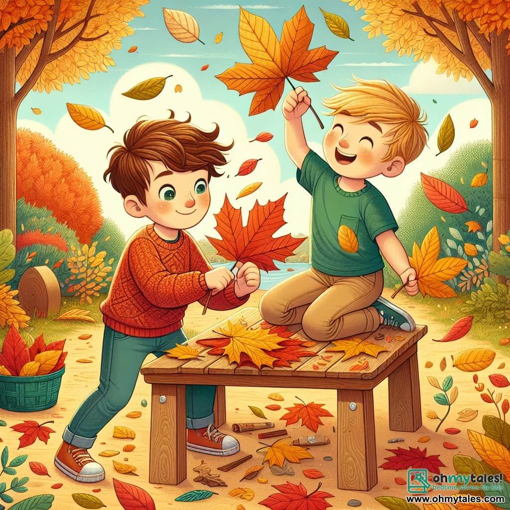Two boys, Max and Leo, are at the center of the image. Max, 7 years old, has messy brown hair and is wearing a red sweater with blue jeans. He is picking up a golden leaf, smiling with sparkling eyes. Leo, 6 years old, has blond hair and is wearing a green t-shirt with beige shorts. He is holding a large red leaf above his head, laughing joyfully. They are in an autumn garden, surrounded by trees with vibrant orange and yellow leaves, while the ground is covered with a carpet of crunchy leaves. The sky is a clear blue with a few fluffy white clouds. The scene shows the two boys creating a leaf collage on a wooden table, with colorful leaves scattered around them. The atmosphere is joyful and warm, capturing the spirit of autumn.