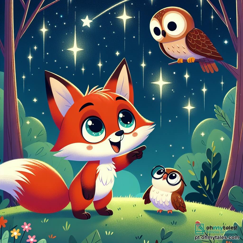 Um pequeno raposo chamado Rafi, com pelagem ruiva brilhante e grandes olhos curiosos, está em uma colina verdejante, olhando para o céu estrelado com um sorriso encantado. Ele sente alegria e curiosidade, com as orelhas pontudas levantadas para o céu. Ao seu lado, uma sábia coruja de penas marrons e brancas, com óculos redondos no nariz, flutua suavemente no ar. Ela tem um olhar bondoso e encorajador, mostrando a ele as estrelas cintilantes com uma asa. O lugar é uma floresta encantada, banhada por uma suave luz de lua, onde majestosas árvores se erguem ao redor, com folhas brilhantes refletindo as estrelas. O chão está coberto de flores coloridas que se abrem sob a luz noturna. Nessa cena, Rafi supera seu medo do escuro admirando as estrelas, enquanto a coruja o encoraja a ver a beleza da noite.