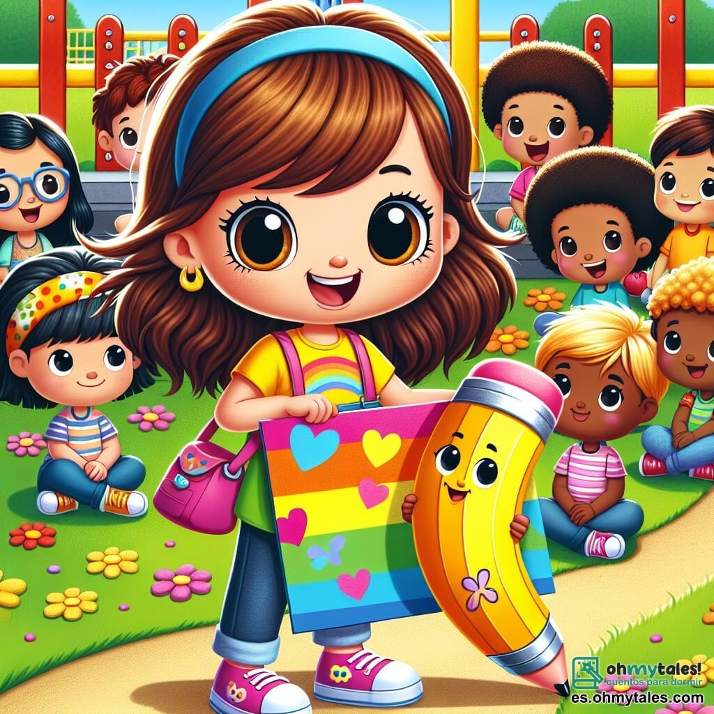 Clara, una niña pequeña con cabello castaño y rizado, lleva una camiseta colorida y unos jeans, mostrando una gran sonrisa de determinación mientras se encuentra frente a un grupo de niños en el patio de recreo. Sostiene un gran cartel colorido que dice "¡Seamos amigos!" con dibujos de corazones y flores. A su lado, Benny, un adorable lápiz amarillo con una goma rosa, parece feliz y listo para ayudar, con ojos brillantes y una sonrisa amigable. Está apoyado en el cartel, como si fuera el compañero de Clara en esta hermosa aventura. Al fondo, varios niños de diferentes orígenes étnicos, como un niño con cabello negro y gafas, una niña con trenzas rubias y un niño pelirrojo, escuchan atentamente, mostrando expresiones de entusiasmo y curiosidad. Están sentados en la hierba verde, rodeados de flores coloridas y juegos de recreo, creando una atmósfera alegre y acogedora. La escena tiene lugar en un patio escolar soleado, lleno de risas y colores vivos, donde los niños se reúnen para celebrar la amistad y la bondad, mientras Clara y Benny los animan a compartir mensajes positivos.