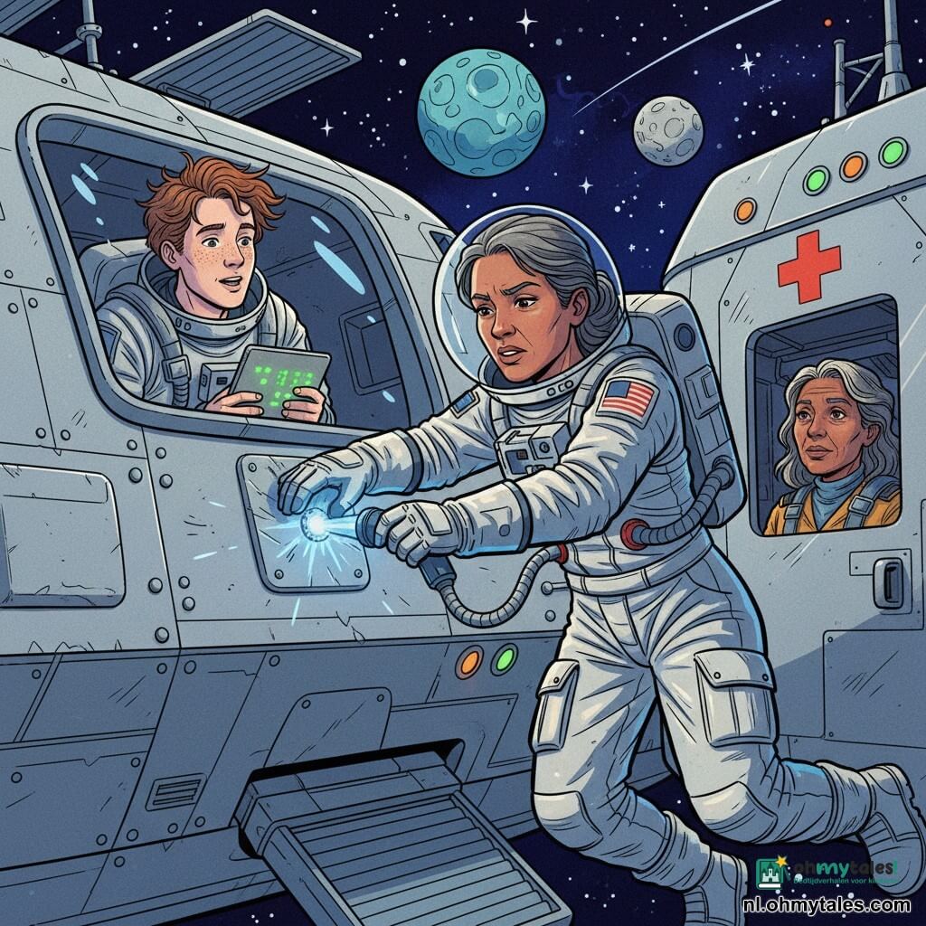 Astronaut Mara Veldt, vastberaden en kalm, met licht gefronste wenkbrauwen en gebonden asbruin haar, draagt een wit-grijs ruimtepak met dikke handschoenen en zweeft tijdens een EVA terwijl ze met één hand een glanzende zilveren patch op een stralende scheur in de romp plakt en met de andere een blauwgetinte LED-lamp vasthoudt; binnen kijkt de 18–20-jarige jongen Juno, licht getinte huid met sproeten en warrig kastanjebruin haar, vanaf een doorzichtige luik ademend opgelucht en met een tablet met groene cijfers; kapitein Lian, 45–55 jaar, gerijpt maar sereen met peper-en-zout haar, ligt in een medpod achter een deur met een rood kruis en kijkt dankbaar naar de scène; decor: metalen oppervlak van vrachtvaarder Zwaluw met panelen, bouten en krassen, platte radiatorvleugels, knipperende oranje en groene LED’s, en op de achtergrond de blauwe Aarde en grijze Maan onder een sterrenhemel — een noodreparatie in gewichtloosheid, gespannen maar geruststellend, dynamische compositie, felle kleuren, strakke contouren en hoog contrast in een vrolijke maar serieuze popartstijl.