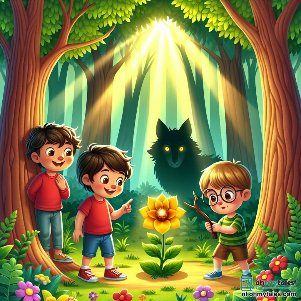 Er zijn drie personages: 1. Léo, een 8-jarig jongetje met rommelig bruin haar en een rode t-shirt. Hij staat links, glimlachend en wijst naar een mysterieuze gouden bloem. 2. Max, een 7-jarig jongetje met blond haar en ronde brillen. Hij staat in het midden, met verwonderde ogen, een stok vasthoudend als een zwaard. 3. Sam, een 9-jarig jongetje met zwart haar en een blauwe short. Hij staat rechts, met zijn armen gekruist, met een vastberaden uitdrukking en kijkt nieuwsgierig naar de bloem. De locatie is een betoverd bos, met grote bomen met dikke stammen, heldergroene bladeren en zonnestralen die door het loof schijnen, waardoor de grond verlicht wordt met kleurrijke bloemen. Op de achtergrond verschijnt een mysterieuze schaduw, die de grote boze wolf voorstelt, die de kinderen met een zowel verdrietige als nieuwsgierige blik observeert. De belangrijkste situatie toont de drie vrienden die de Zonnebloem ontdekken, een schitterende bloem die een zachte gouden gloed uitstraalt, symbool van hoop voor de wolf. De kinderen staan rond de bloem, klaar om de wolf te helpen zijn vloek te doorbreken.