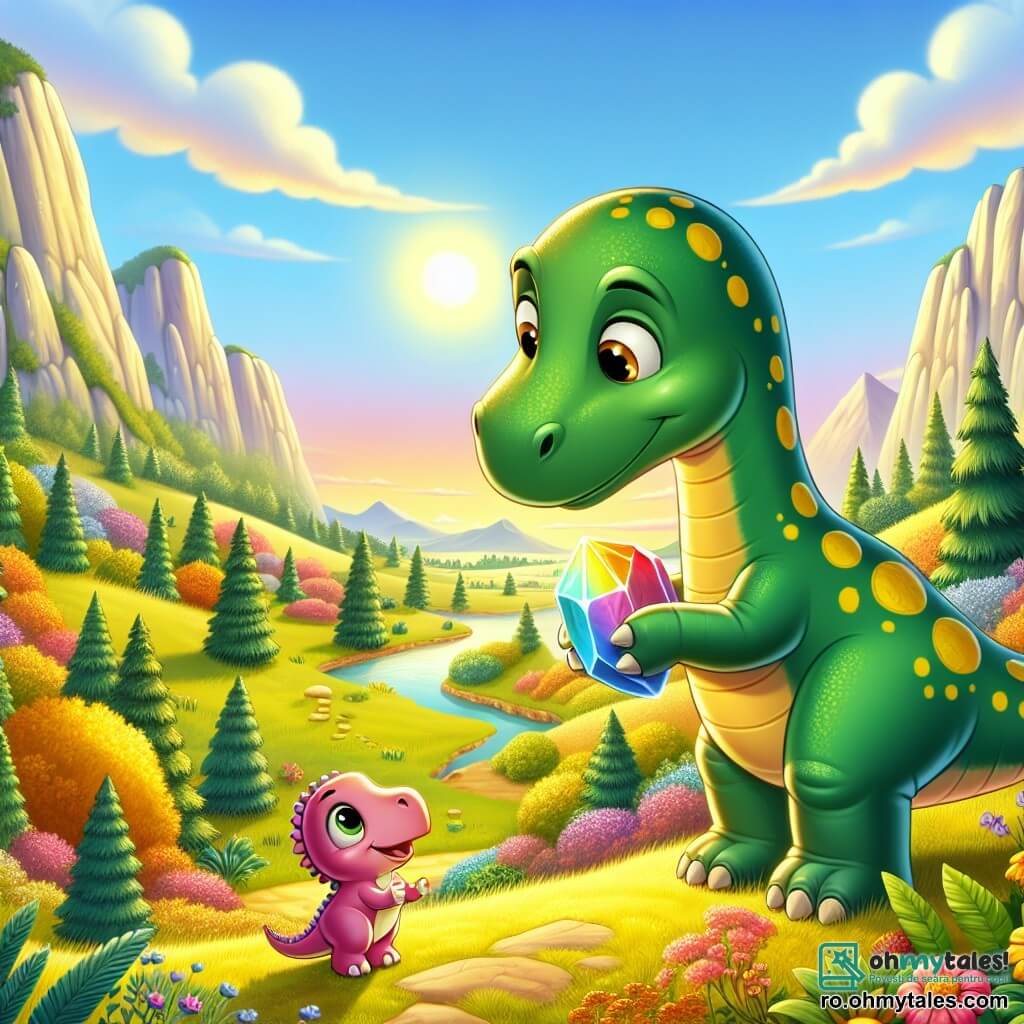 Un diplodocus uriaș și prietenos numit Dino, cu pielea verde și pete galbene, stă într-o vale frumoasă și însorită, având o expresie de curiozitate și uimire în timp ce descoperă o piatră strălucitoare. Lângă el, sora lui mai mică Didi, un adorabil dinozaur roz cu ochi mari și rotunzi, se uită la piatră cu fascinație, sărind de bucurie. Valea este înconjurată de munți măreți, cu copaci colorați și flori strălucitoare care adaugă viață mediului. În depărtare, un cer albastru deschis se transformă lent într-un apus de soare auriu, simbolizând sfârșitul unei zile de aventuri. Scena surprinde momentul în care Dino și Didi descoperă piatra prețioasă, plini de uimire și bucurie, pregătiți să exploreze împreună.