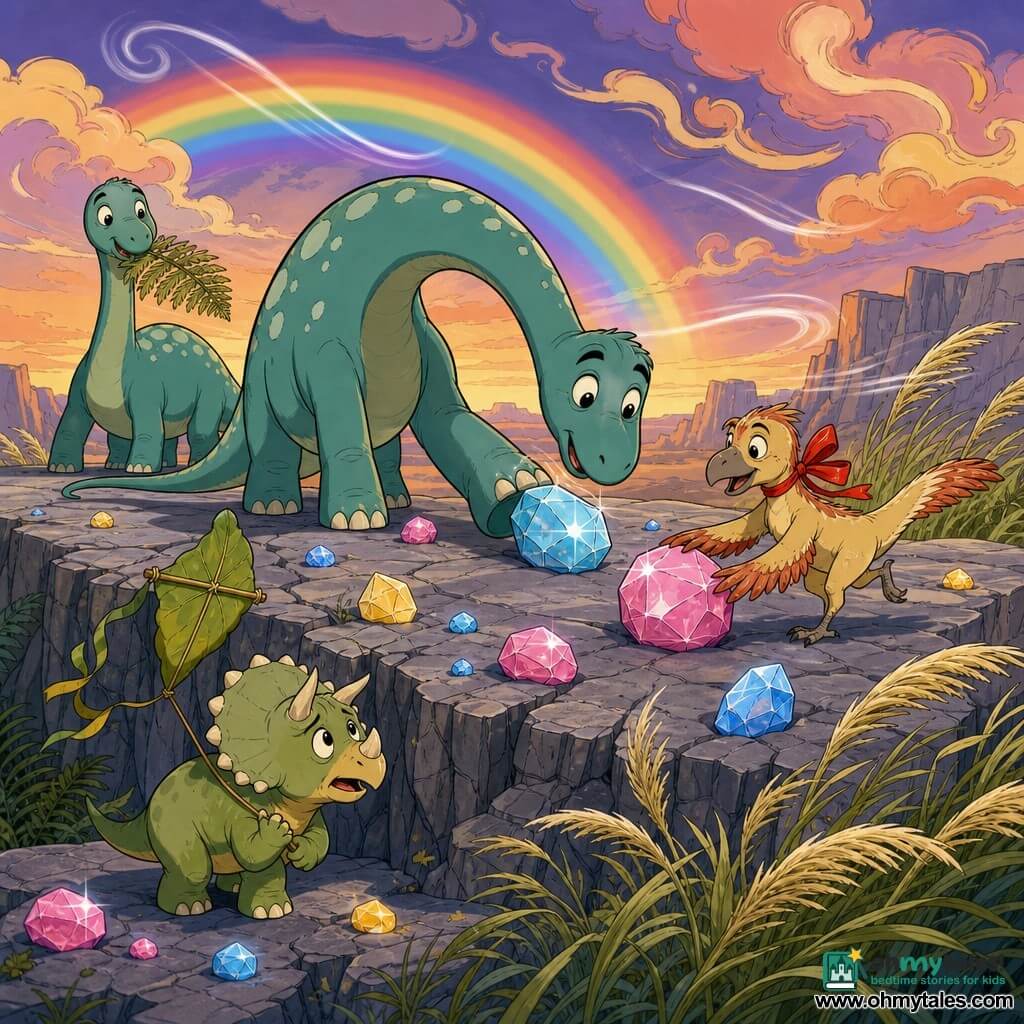 Dippy, a young long-necked diplodocus, looks amazed and focused with wide eyes as he stretches his neck to gently push a shiny Sky Stone; Twirl, a small feathered dinosaur with a red ribbon, joyfully helps push another Sky Stone beside him; Tiny Terry, a frightened but grateful baby triceratops, holds a leaf kite at the base of a rock watching Dippy; Daisy, Dippy’s sister, stands a few steps left in the background chewing a fern leaf and smiling; the rocky plateau is paved with grey slabs and scattered glittering Sky Stones (blue, pink, yellow), wind shown as white curved swirls moving tall grass and multicolored clouds; the scene depicts repairing the Sky Stones and rescuing the kite at dusk with a soft rainbow overhead, bright colors, clear composition, and a European comic style.