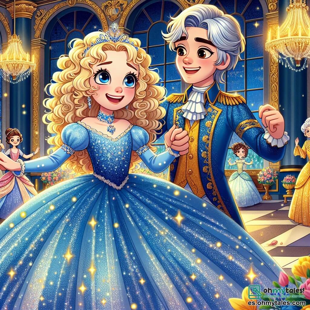Cenicienta, una joven de cabello rubio y rizado, lleva un magnífico vestido azul brillante que resplandece bajo la luz de la luna. Su rostro expresa una pura alegría y una ligera sorpresa mientras baila con el príncipe. El príncipe, un joven elegante de unos 20 años, viste un traje dorado adornado con detalles brillantes. Sonríe con admiración mientras toma la mano de Cenicienta, con los ojos chispeando de felicidad. Al fondo, la hada madrina, una mujer mayor con cabello plateado y un vestido estrellado, los observa con una sonrisa benevolente, sosteniendo su varita mágica. La escena tiene lugar en un suntuoso palacio iluminado por candelabros brillantes, con paredes adornadas con dorados y hermosos tapices. Flores coloridas decoran los rincones del salón de baile, añadiendo un toque de magia a la atmósfera. Cenicienta y el príncipe bailan juntos en medio de la pista, rodeados de un ambiente de cuento de hadas, mientras un gran reloj de madera comienza a sonar, anunciando la llegada de la medianoche, creando un momento de tensión y emoción.