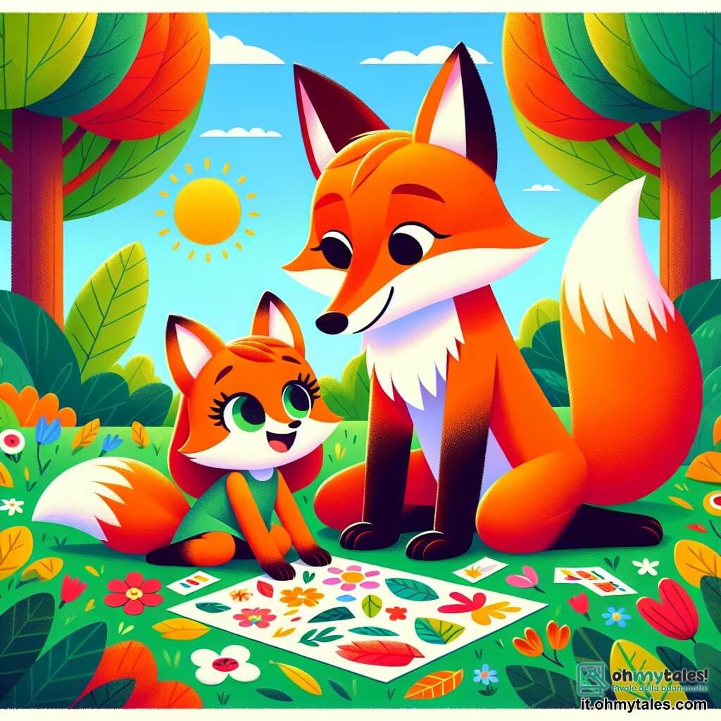 Foxy, una piccola volpe dai vivaci peli arancioni e con grandi occhi scintillanti di gioia, è seduta sull'erba verde, circondata da foglie e fiori colorati, mentre crea un collage per suo papà. Accanto a lui, suo padre, una volpe dai peli rossi e dallo sguardo tenero, sorride con orgoglio guardando il figlio, con le orecchie rizzate e un'espressione piena d'amore. Lo scenario è un parco soleggiato, con alberi maestosi dalle foglie brillanti, fiori dai colori vivaci e un cielo azzurro chiaro punteggiato da alcune nuvole bianche e soffici. La situazione principale mostra Foxy, concentrato e felice, mentre prepara un regalo speciale per la festa del papà, mentre suo padre lo incoraggia con un sorriso caloroso, creando un'atmosfera di gioia e amore familiare.